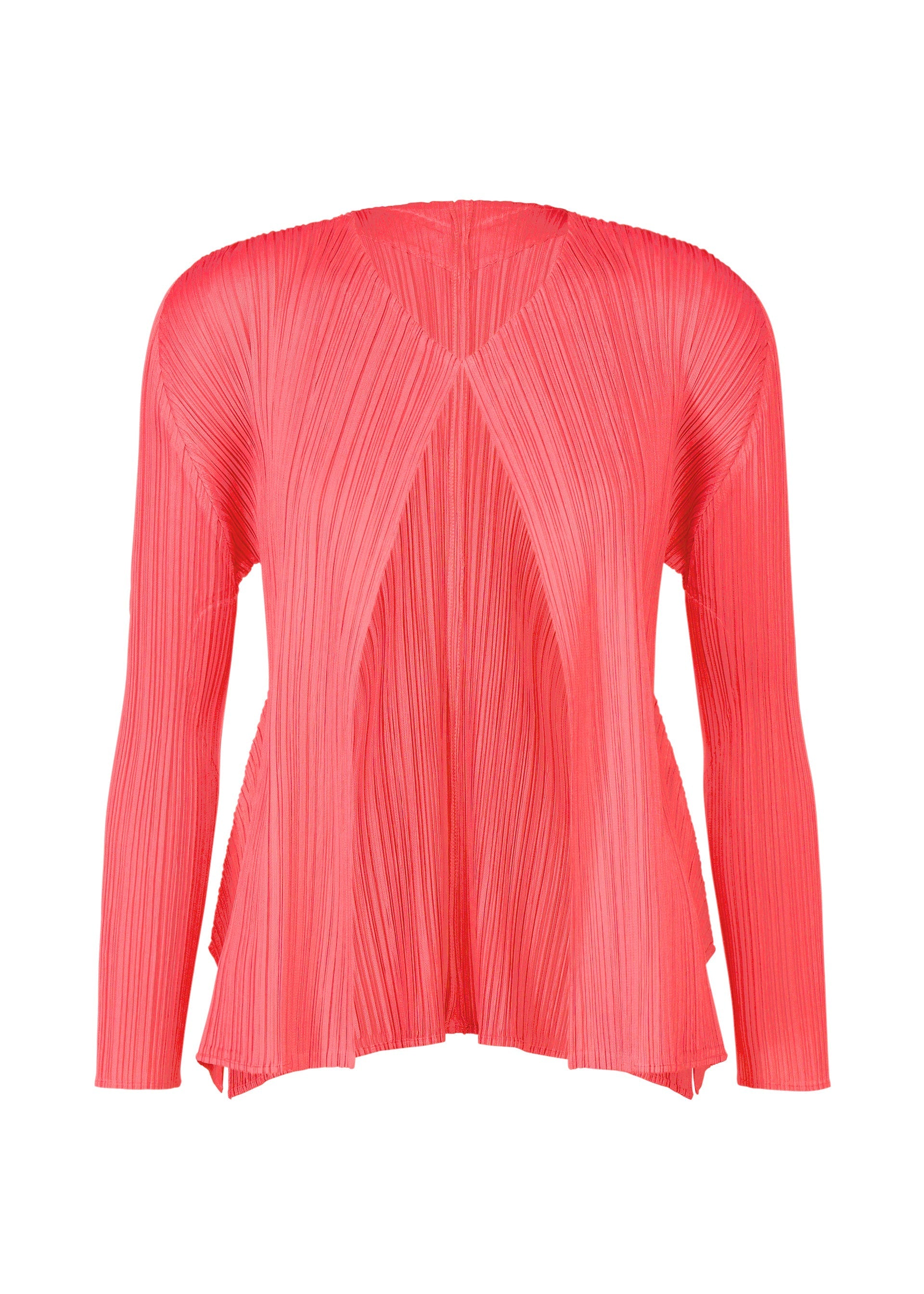 Zoomed view The MONTHLY COLORS : MARCH blouse by PLEATS PLEASE ISSEY MIYAKE features coral pink pleated fabric, long sleeves, an asymmetrical hemline, V-neckline, and a loose fit—ideal for layering with spring cardigans. - PINK （no.22）