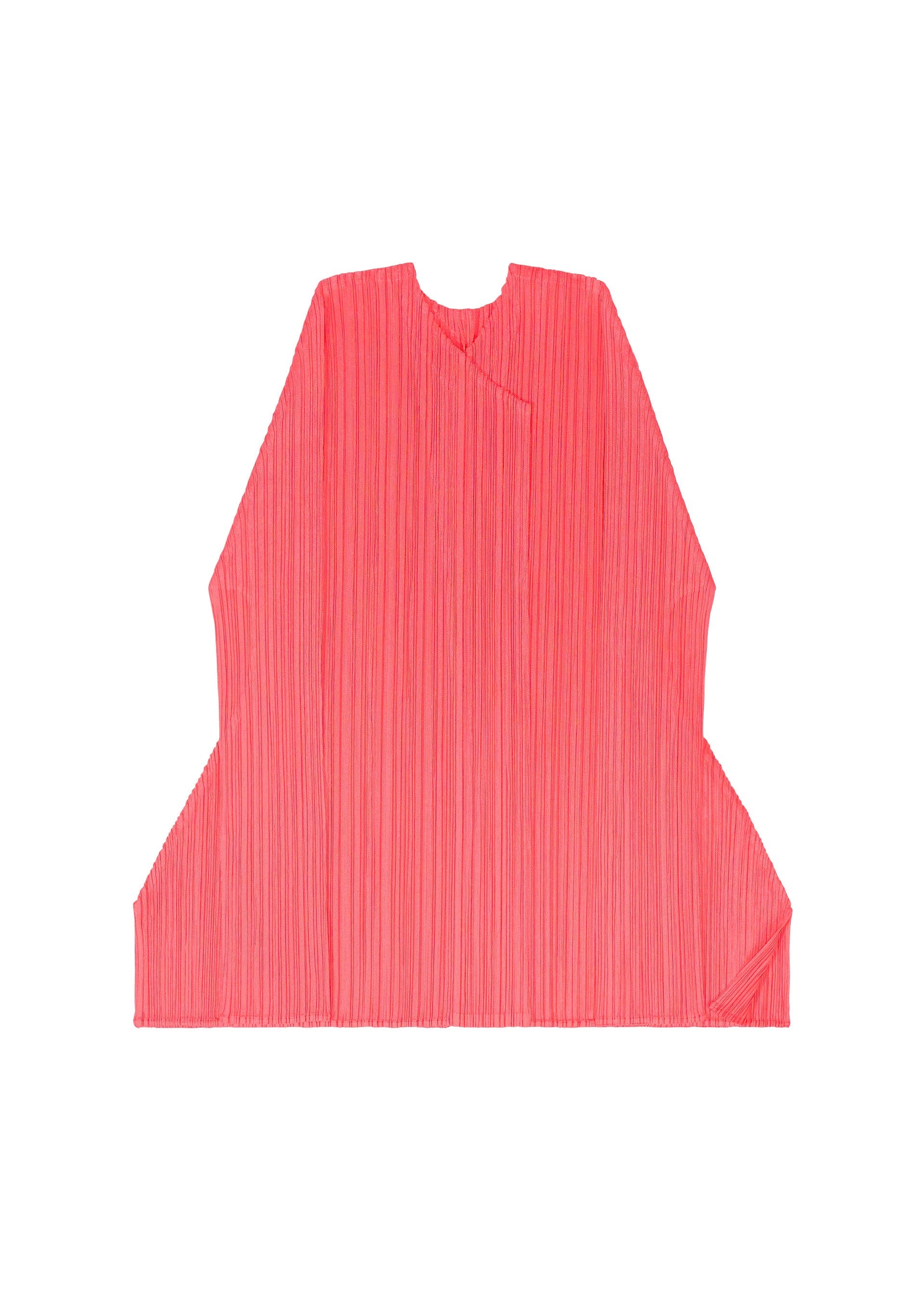 Zoomed view The MONTHLY COLORS : MARCH cardigan by PLEATS PLEASE ISSEY MIYAKE is a bright pink, mountain-inspired, pleated piece with wide sleeves and a round neckline, shown flat on a white background.