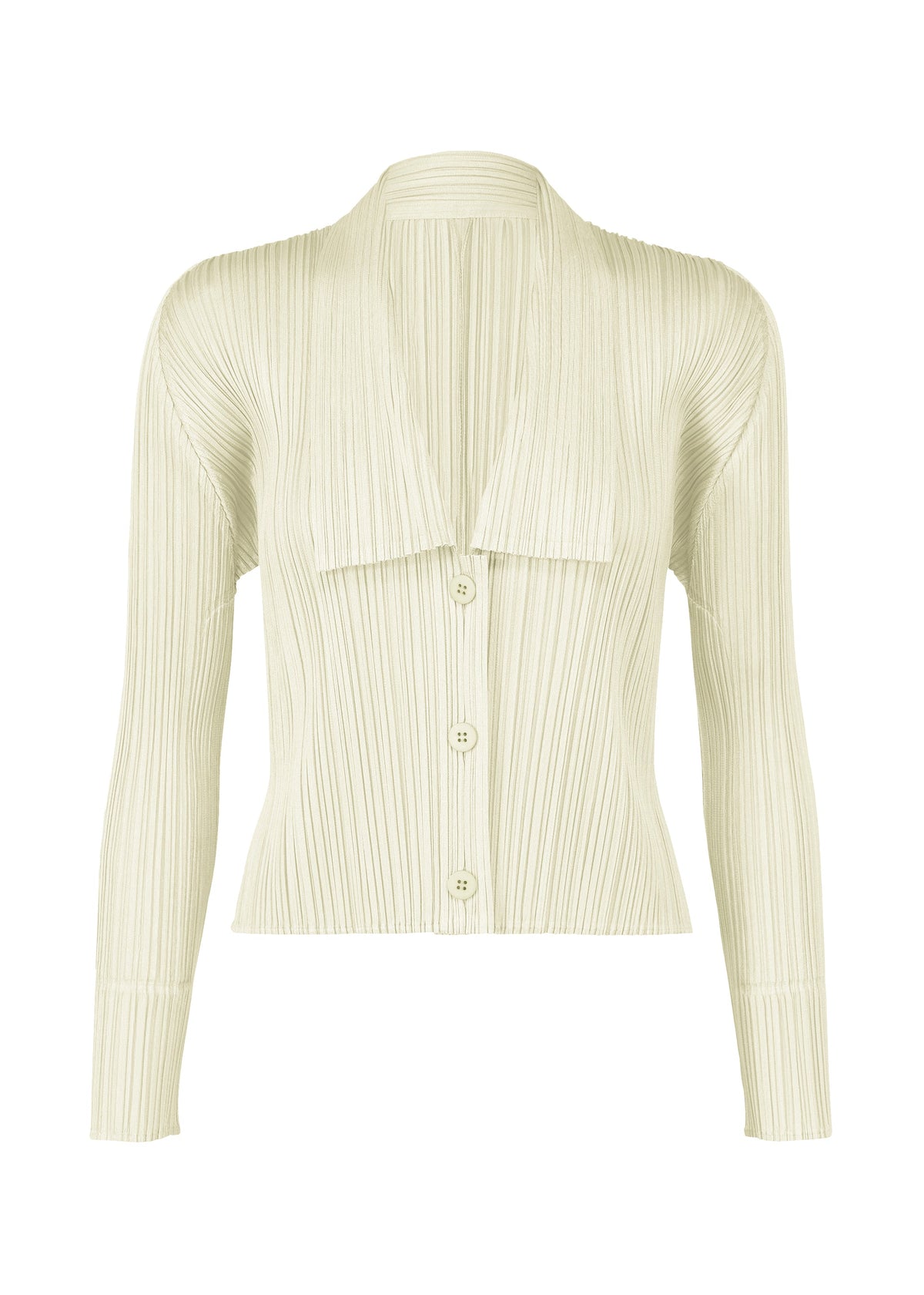 The MONTHLY COLORS : MAY cardigan by PLEATS PLEASE ISSEY MIYAKE features light beige, long sleeves, a deep V-neck with a wide collar, three large front buttons, and a fitted ribbed texture for an elegant look. view 1 of 9