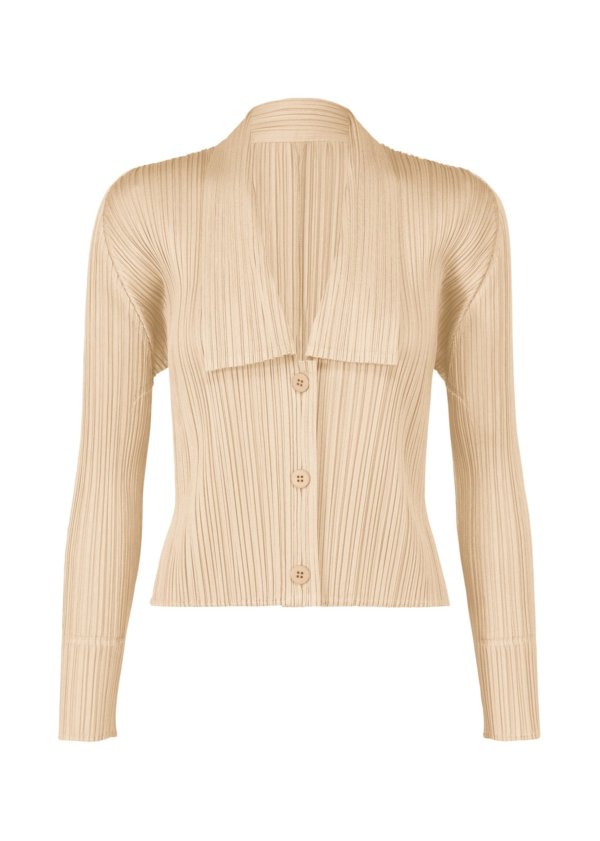 The MONTHLY COLORS : MAY cardigan by PLEATS PLEASE ISSEY MIYAKE features a beige ribbed design, long sleeves, collared deep V-neckline, front button closures, and a relaxed tailored fit. view 2 of 9