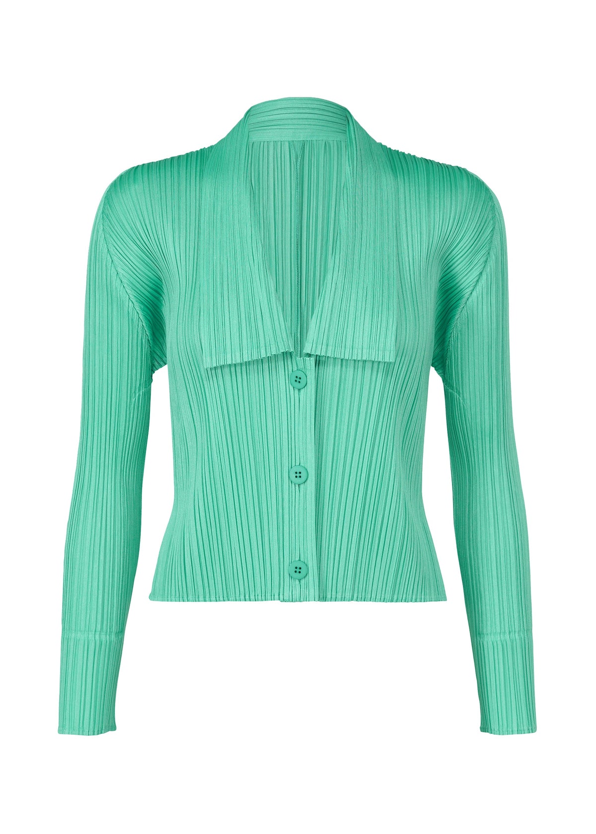 The MONTHLY COLORS : MAY blouse by PLEATS PLEASE ISSEY MIYAKE features long sleeves, light green pleats, a deep V-neckline, wide collar, and front button closures. view 3 of 9