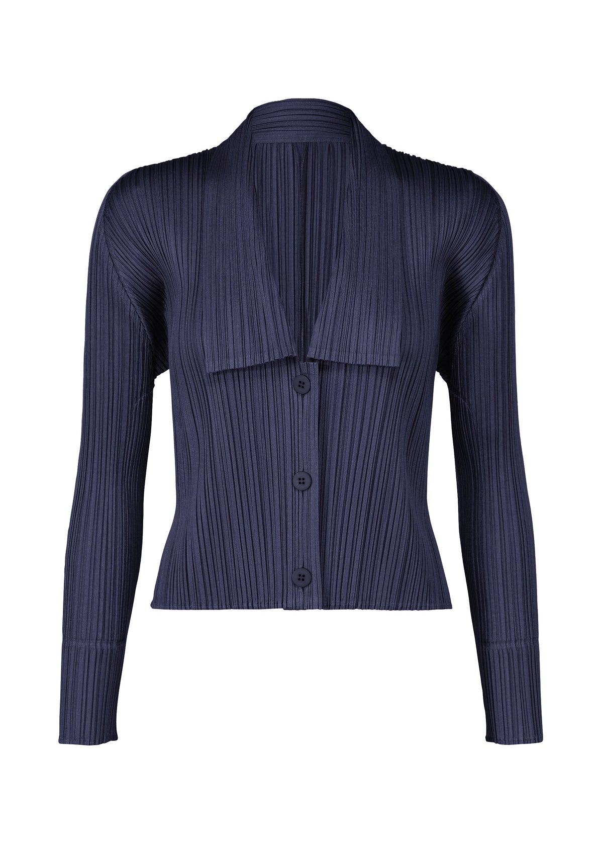 The MONTHLY COLORS : MAY blouse by PLEATS PLEASE ISSEY MIYAKE features navy pleated fabric, long sleeves, a deep V-neck with button closures, vertical ribbed texture, fitted shape, and a slightly cropped polished design. view 5 of 9