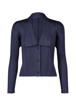 The MONTHLY COLORS : MAY blouse by PLEATS PLEASE ISSEY MIYAKE features navy pleated fabric, long sleeves, a deep V-neck with button closures, vertical ribbed texture, fitted shape, and a slightly cropped polished design. - NAVY (no.75)