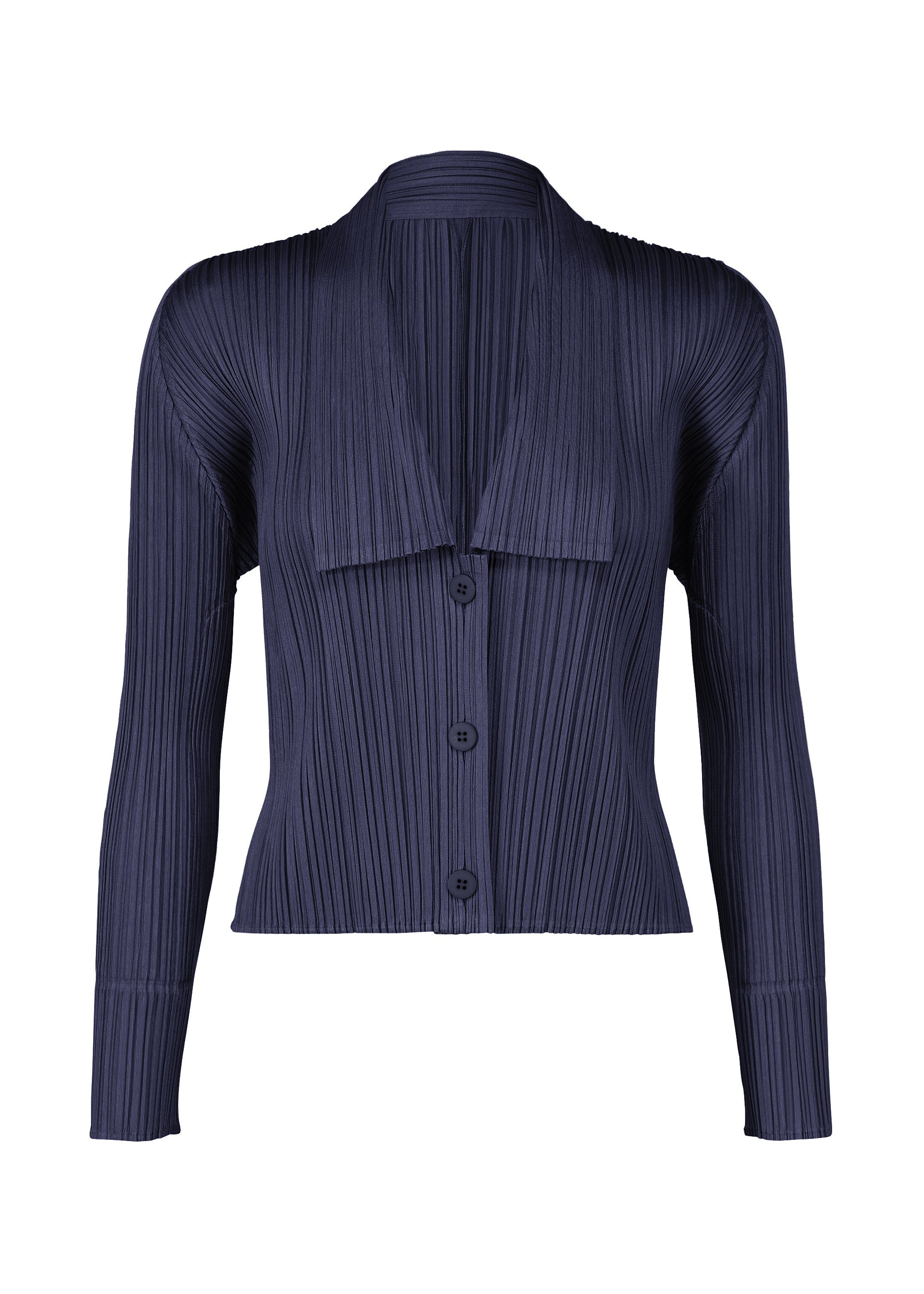 Zoomed view The MONTHLY COLORS : MAY blouse by PLEATS PLEASE ISSEY MIYAKE features navy pleated fabric, long sleeves, a deep V-neck with button closures, vertical ribbed texture, fitted shape, and a slightly cropped polished design. - NAVY (no.75)