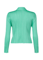 The MONTHLY COLORS : MAY blouse by PLEATS PLEASE ISSEY MIYAKE is a mint green, long-sleeve pleated top shown from the back, with color gradation, fitted silhouette, short collar, and a straight hem.