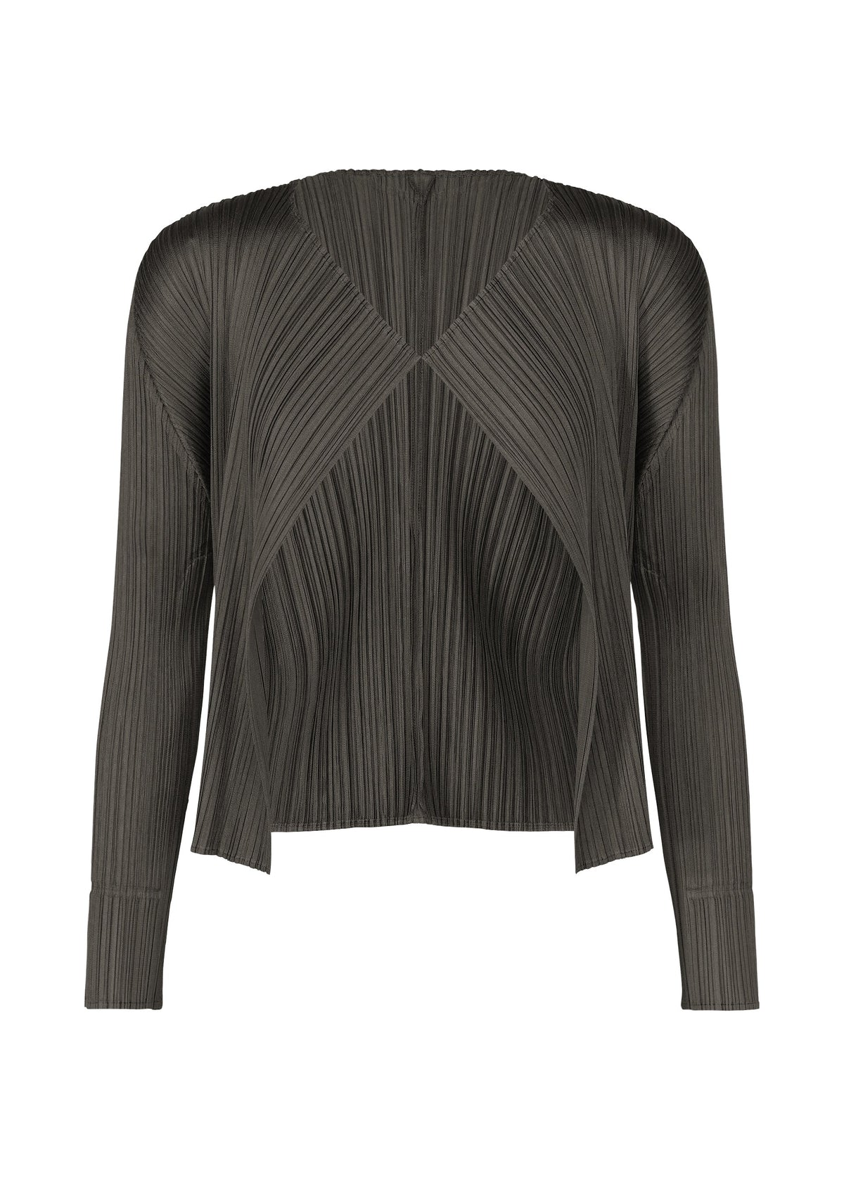 The MONTHLY COLORS : JUNE cardigan by PLEATS PLEASE ISSEY MIYAKE is dark gray, long-sleeved, with an open front, V-neckline, and a modern structured look created by diagonal and vertical pleats. view 1 of 9