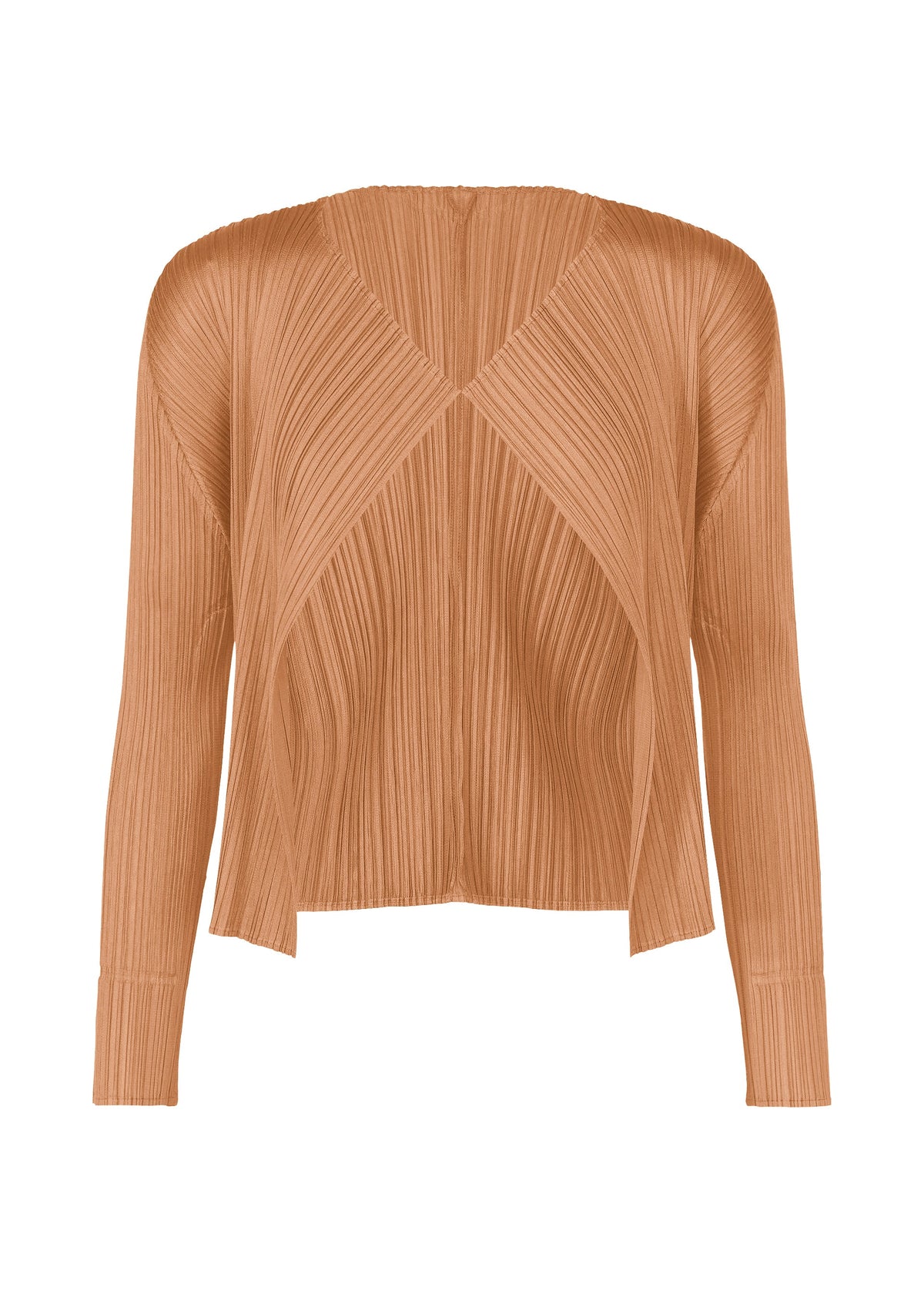 The MONTHLY COLORS : JUNE cardigan by PLEATS PLEASE ISSEY MIYAKE features a light brown hue, pleated texture, v-neckline, open front, asymmetric hems, long sleeves, and coastal-inspired ribbed detailing throughout. view 2 of 9