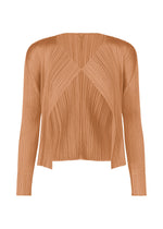 The MONTHLY COLORS : JUNE cardigan by PLEATS PLEASE ISSEY MIYAKE features a light brown hue, pleated texture, v-neckline, open front, asymmetric hems, long sleeves, and coastal-inspired ribbed detailing throughout. - PINK BEIGE （no.25）