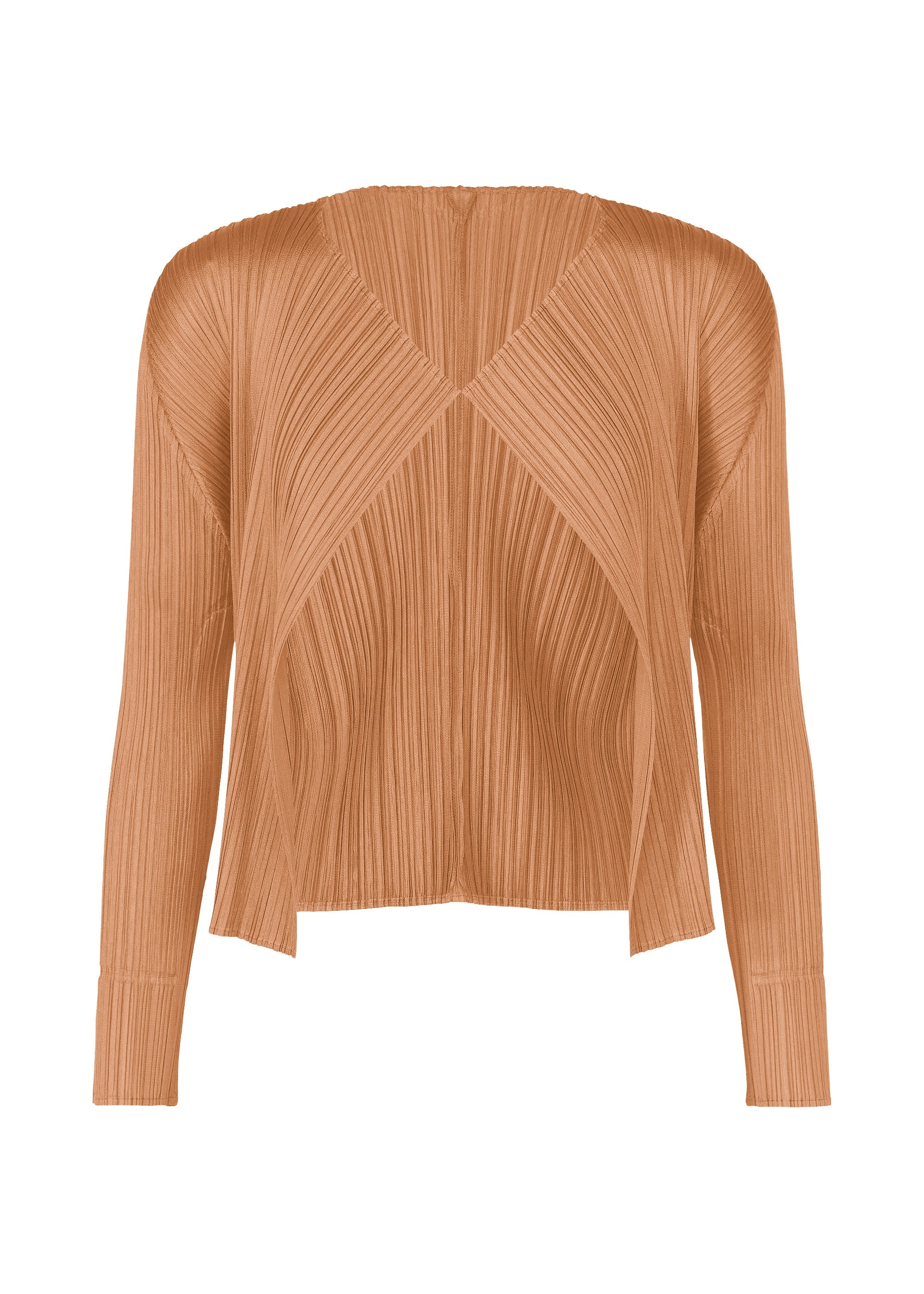 Zoomed view The MONTHLY COLORS : JUNE cardigan by PLEATS PLEASE ISSEY MIYAKE features a light brown hue, pleated texture, v-neckline, open front, asymmetric hems, long sleeves, and coastal-inspired ribbed detailing throughout. - PINK BEIGE （no.25）