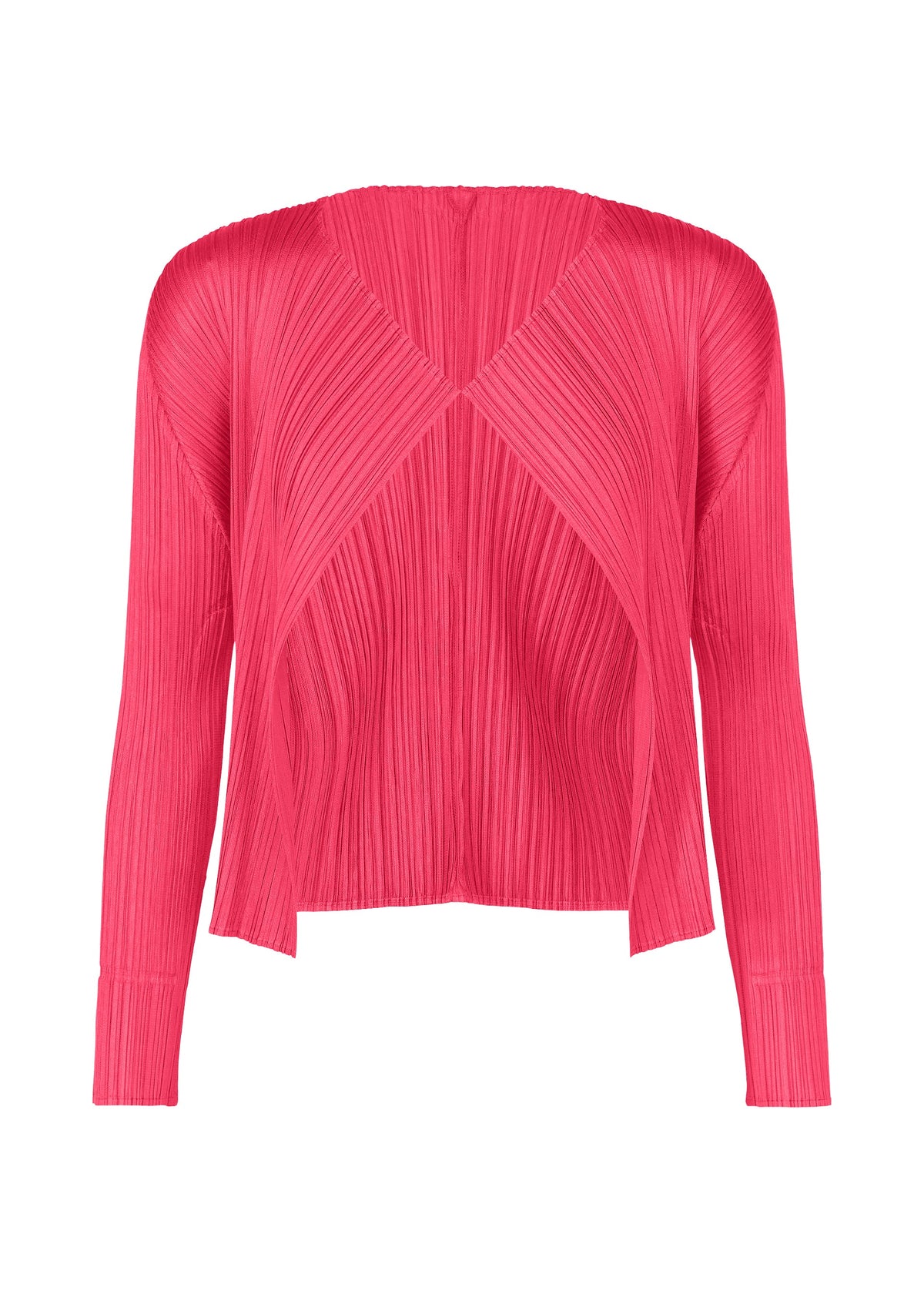 The MONTHLY COLORS : JUNE top by PLEATS PLEASE ISSEY MIYAKE is a long-sleeved, bright pink pleated piece with a v-neckline, overlapping front panels, and textured crinkled fabric, inspired by fruit and vegetable colors. view 3 of 9