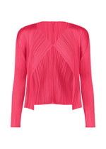 The MONTHLY COLORS : JUNE top by PLEATS PLEASE ISSEY MIYAKE is a long-sleeved, bright pink pleated piece with a v-neckline, overlapping front panels, and textured crinkled fabric, inspired by fruit and vegetable colors. - BRIGHT PINK （no.26）
