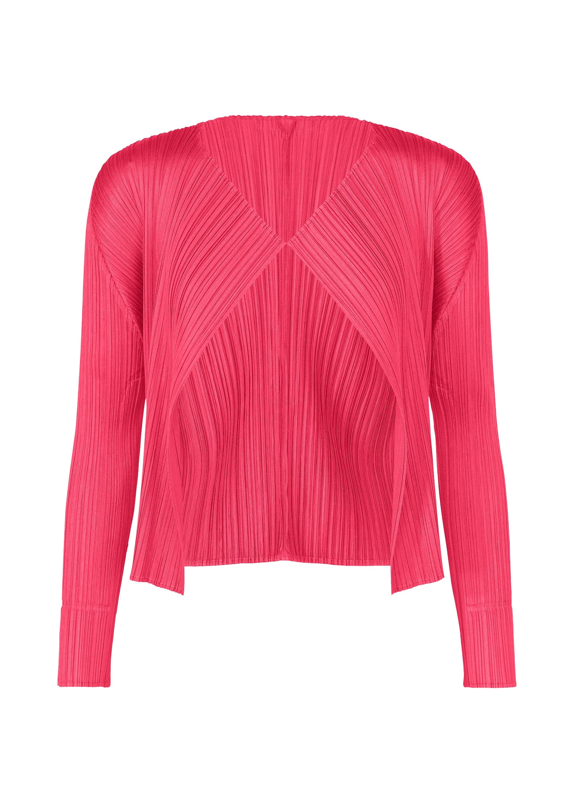 Zoomed view The MONTHLY COLORS : JUNE top by PLEATS PLEASE ISSEY MIYAKE is a long-sleeved, bright pink pleated piece with a v-neckline, overlapping front panels, and textured crinkled fabric, inspired by fruit and vegetable colors. - BRIGHT PINK （no.26）