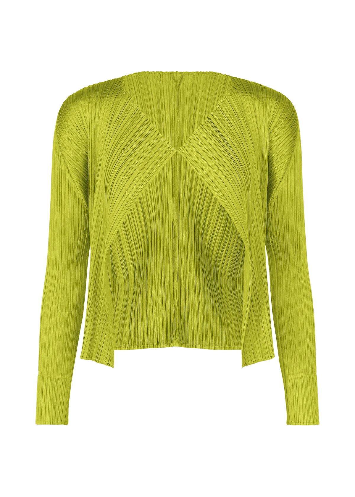 The MONTHLY COLORS : JUNE top by PLEATS PLEASE ISSEY MIYAKE is a long-sleeved, bright yellow-green pleated piece with a V-neck, asymmetrical hem, and geometric texture inspired by fruit and vegetable colors. view 4 of 9