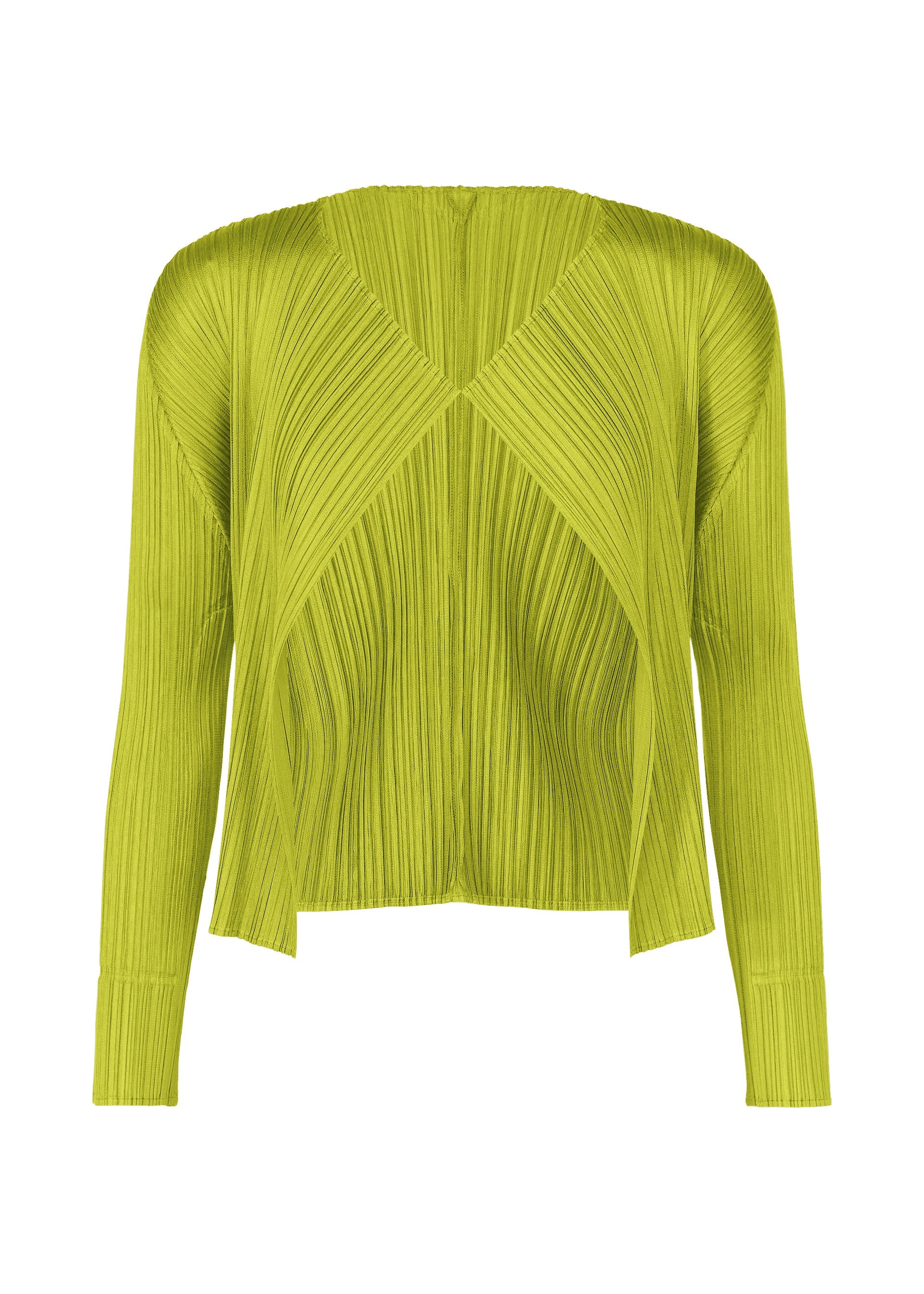 Zoomed view The MONTHLY COLORS : JUNE top by PLEATS PLEASE ISSEY MIYAKE is a long-sleeved, bright yellow-green pleated piece with a V-neck, asymmetrical hem, and geometric texture inspired by fruit and vegetable colors. - YELLOW GREEN （no.64）