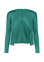 The MONTHLY COLORS : JUNE cardigan by PLEATS PLEASE ISSEY MIYAKE is a long-sleeved, teal-green pleated piece featuring a geometric diagonal design and open front, inspired by fruit and vegetable colors. - BLUE GREEN （no.69）