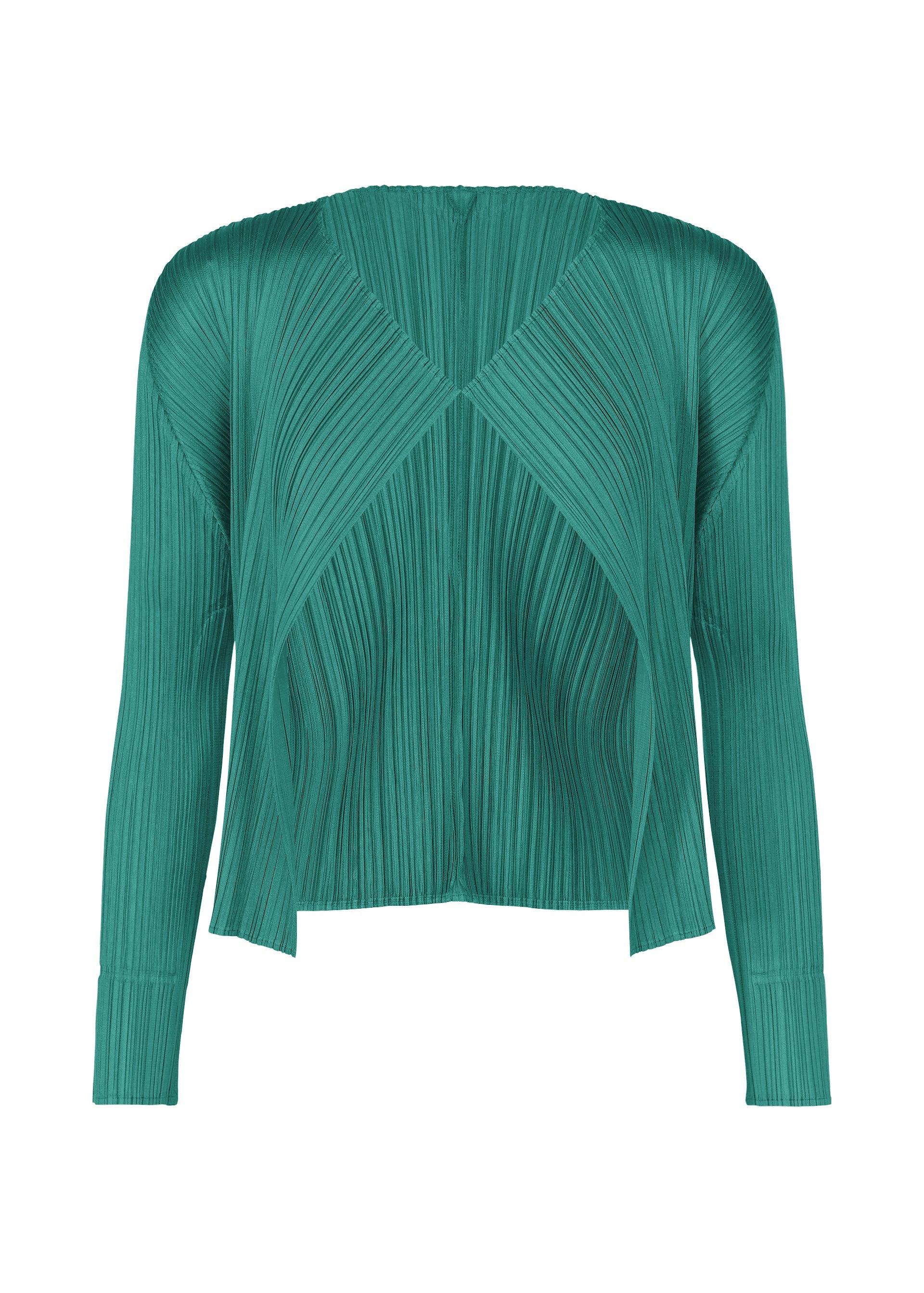 Zoomed view The MONTHLY COLORS : JUNE cardigan by PLEATS PLEASE ISSEY MIYAKE is a long-sleeved, teal-green pleated piece featuring a geometric diagonal design and open front, inspired by fruit and vegetable colors. - BLUE GREEN （no.69）