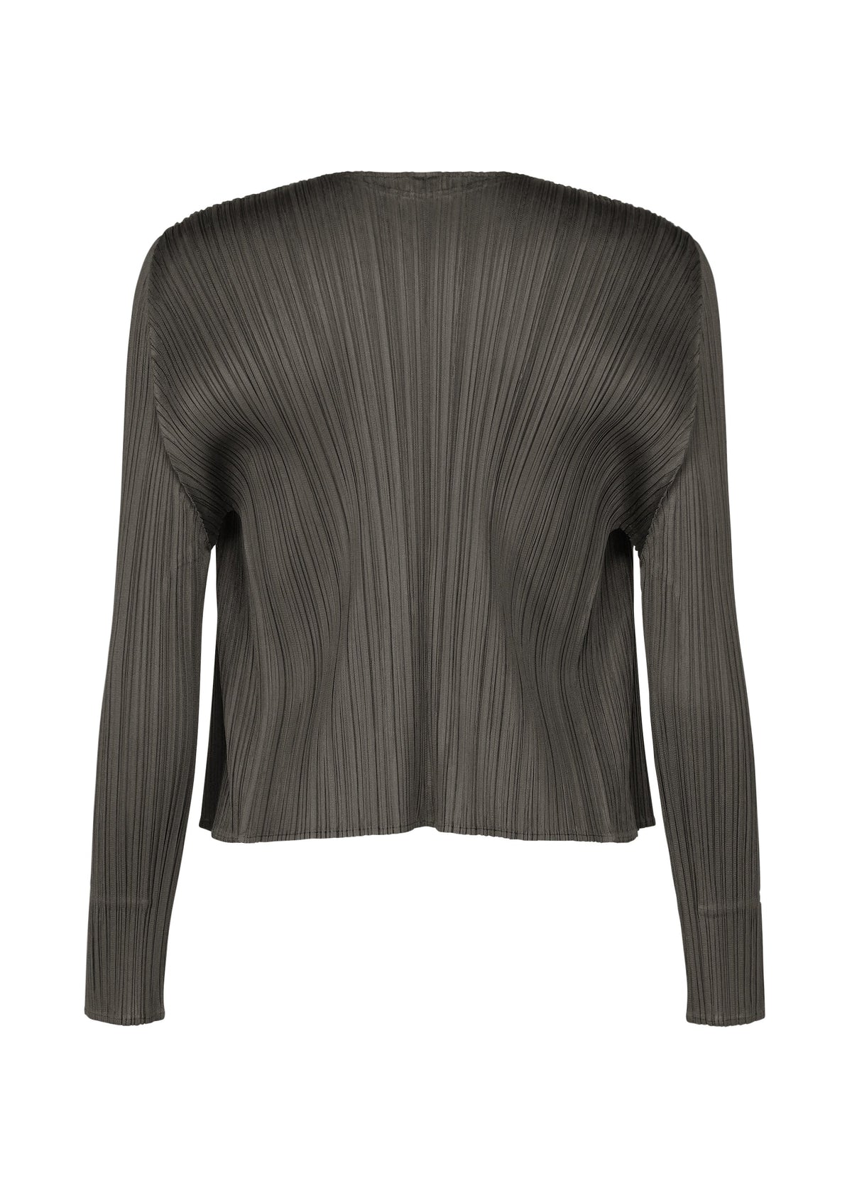 The MONTHLY COLORS : JUNE top by PLEATS PLEASE ISSEY MIYAKE is a coastal-inspired, long-sleeved dark gray pleated blouse with a relaxed fit and vertical texture, shown from the back against a white background. view 6 of 9