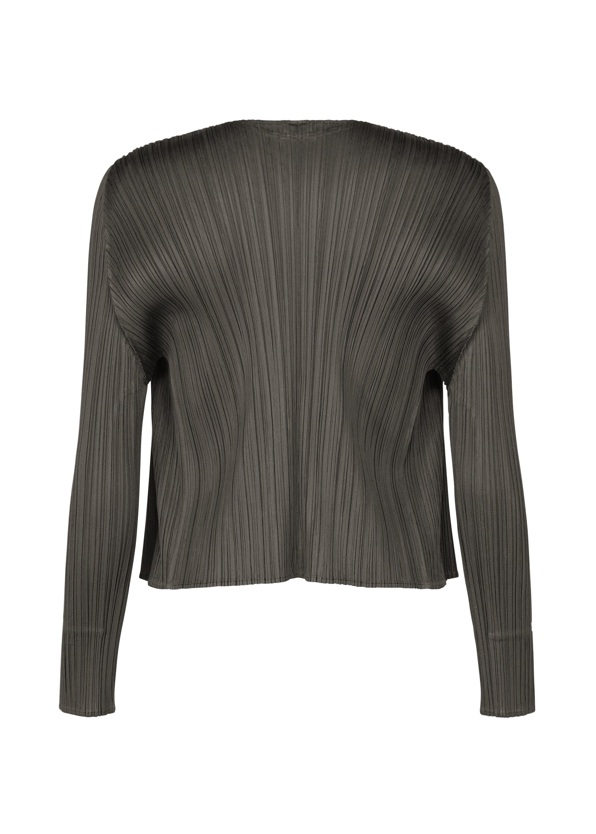 Zoomed view The MONTHLY COLORS : JUNE top by PLEATS PLEASE ISSEY MIYAKE is a coastal-inspired, long-sleeved dark gray pleated blouse with a relaxed fit and vertical texture, shown from the back against a white background.
