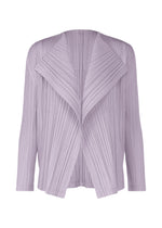 The RAMIE PLEATS cardigan by PLEATS PLEASE ISSEY MIYAKE is a light lavender, long-sleeved piece with soft pleats and an open front with wide, draped lapels. - LIGHT PURPLE （no.80）
