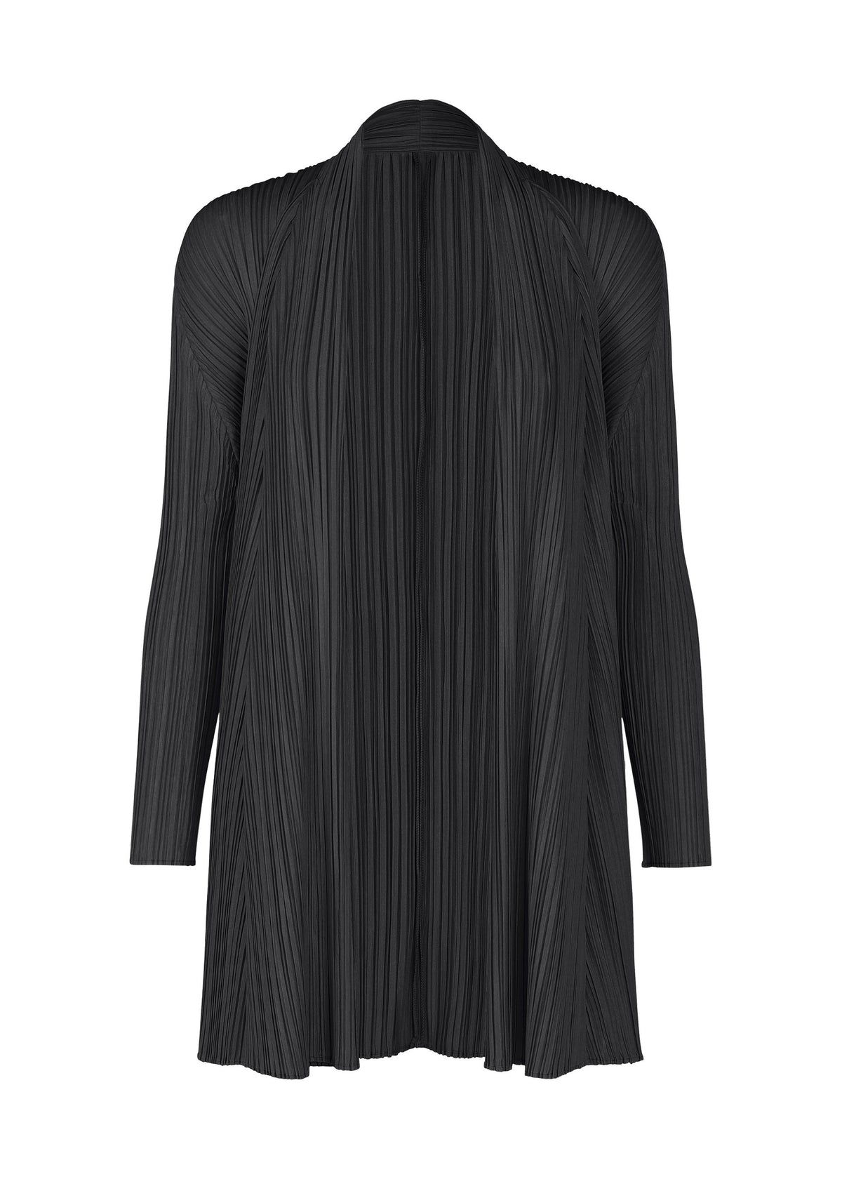 The MELLOW PLEATS cardigan by PLEATS PLEASE ISSEY MIYAKE features long sleeves, an open front, and a pleated texture in soft fabric. Its relaxed fit is beautifully showcased against a white background. view 2 of 9