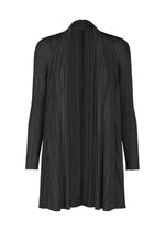The MELLOW PLEATS cardigan by PLEATS PLEASE ISSEY MIYAKE features long sleeves, an open front, and a pleated texture in soft fabric. Its relaxed fit is beautifully showcased against a white background. - BLACK (no.15)