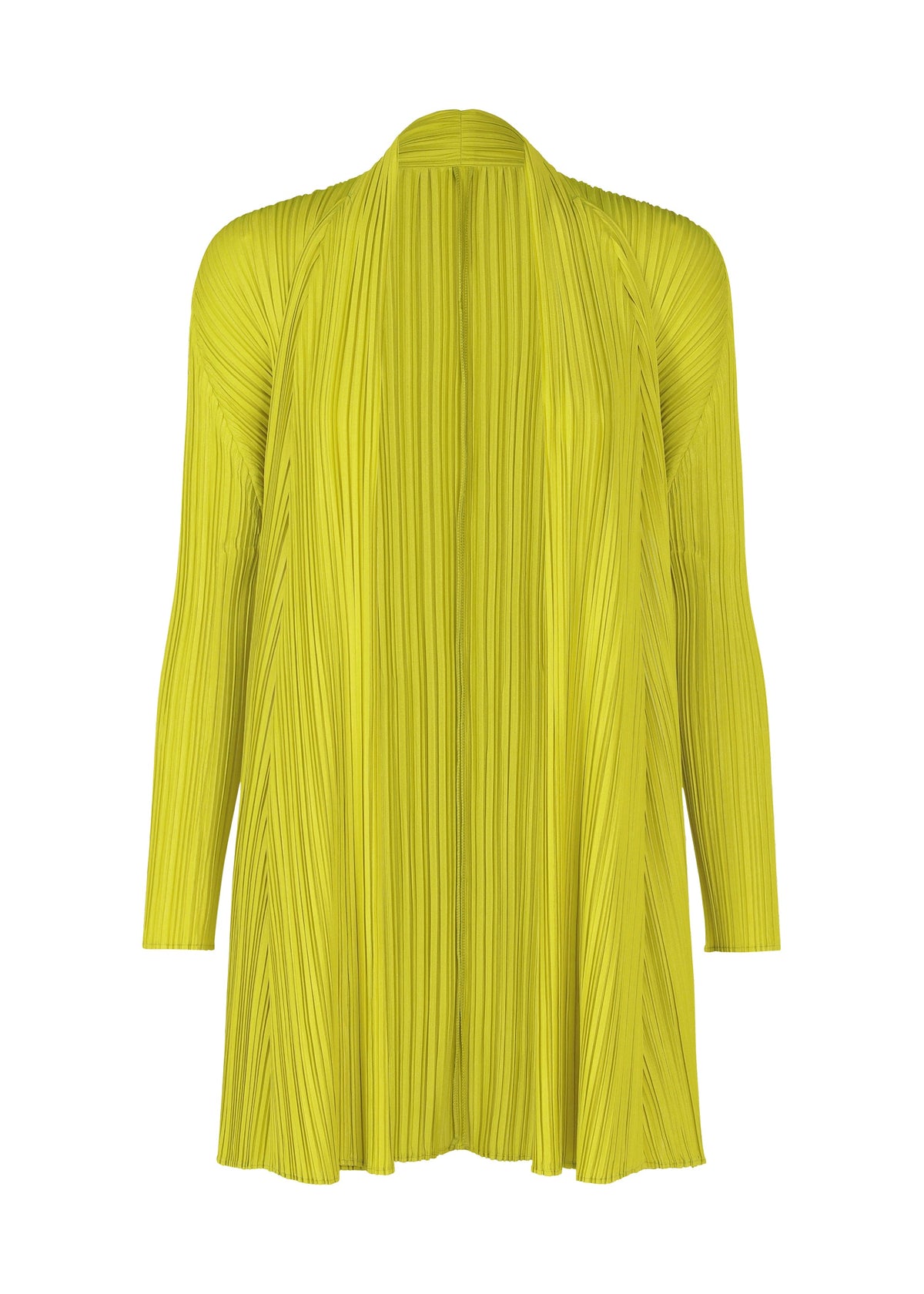The MELLOW PLEATS cardigan by PLEATS PLEASE ISSEY MIYAKE features a bright yellow-green hue, mid-length, open front, flowing textured fabric, vertical pleats, and a relaxed draped silhouette with no buttons or fastenings. view 3 of 9