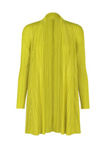 The MELLOW PLEATS cardigan by PLEATS PLEASE ISSEY MIYAKE features a bright yellow-green hue, mid-length, open front, flowing textured fabric, vertical pleats, and a relaxed draped silhouette with no buttons or fastenings. - MUSTARD (no.58)