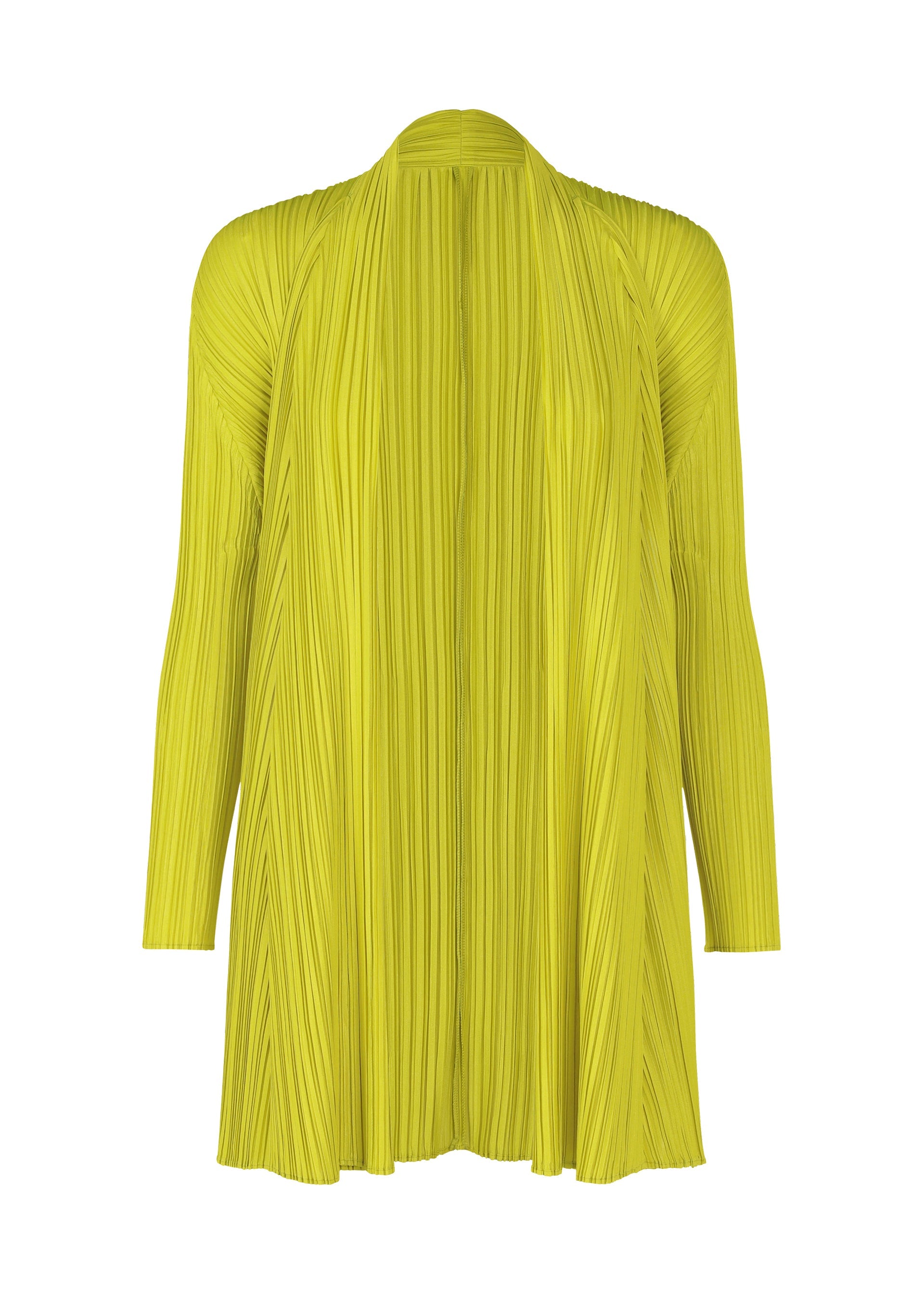 Zoomed view The MELLOW PLEATS cardigan by PLEATS PLEASE ISSEY MIYAKE features a bright yellow-green hue, mid-length, open front, flowing textured fabric, vertical pleats, and a relaxed draped silhouette with no buttons or fastenings. - MUSTARD (no.58)