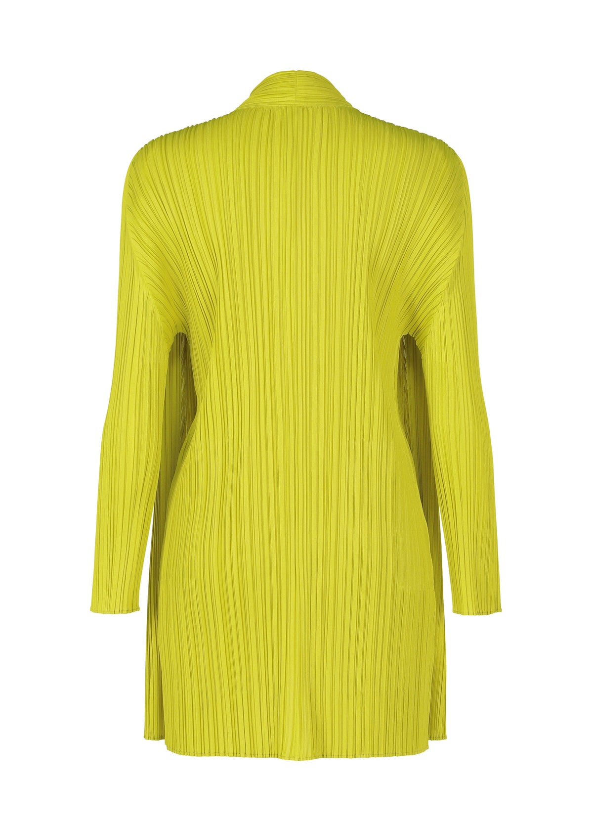 Back view of the MELLOW PLEATS cardigan by PLEATS PLEASE ISSEY MIYAKE: a lime green, long-sleeve, mid-length piece with a loose fit and vertical textured lines from shoulder to hem. view 4 of 9