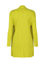 Back view of the MELLOW PLEATS cardigan by PLEATS PLEASE ISSEY MIYAKE: a lime green, long-sleeve, mid-length piece with a loose fit and vertical textured lines from shoulder to hem.