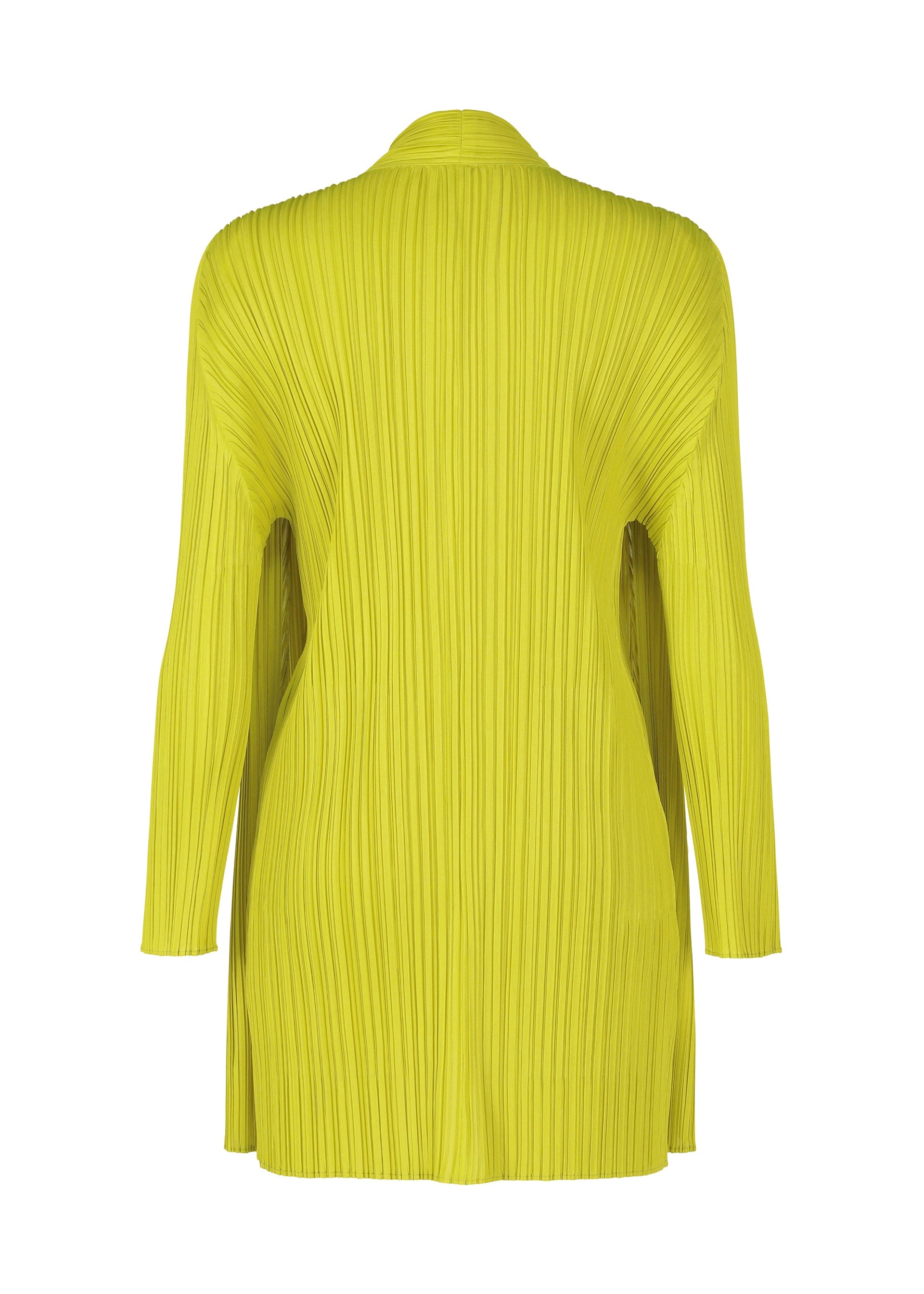 Zoomed view Back view of the MELLOW PLEATS cardigan by PLEATS PLEASE ISSEY MIYAKE: a lime green, long-sleeve, mid-length piece with a loose fit and vertical textured lines from shoulder to hem.