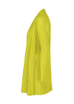 Side view of the MELLOW PLEATS mid-length yellow cardigan by PLEATS PLEASE ISSEY MIYAKE, featuring long sleeves, pleats, a loose open front, and soft-textured fabric, shown on a plain white background.