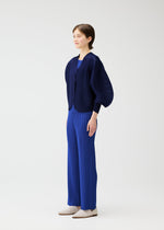 A person wears the COAST by PLEATS PLEASE ISSEY MIYAKE: a dark blue textured jacket with an airy silhouette over a bright blue top and matching pleated pants, paired with light shoes against a plain white background.