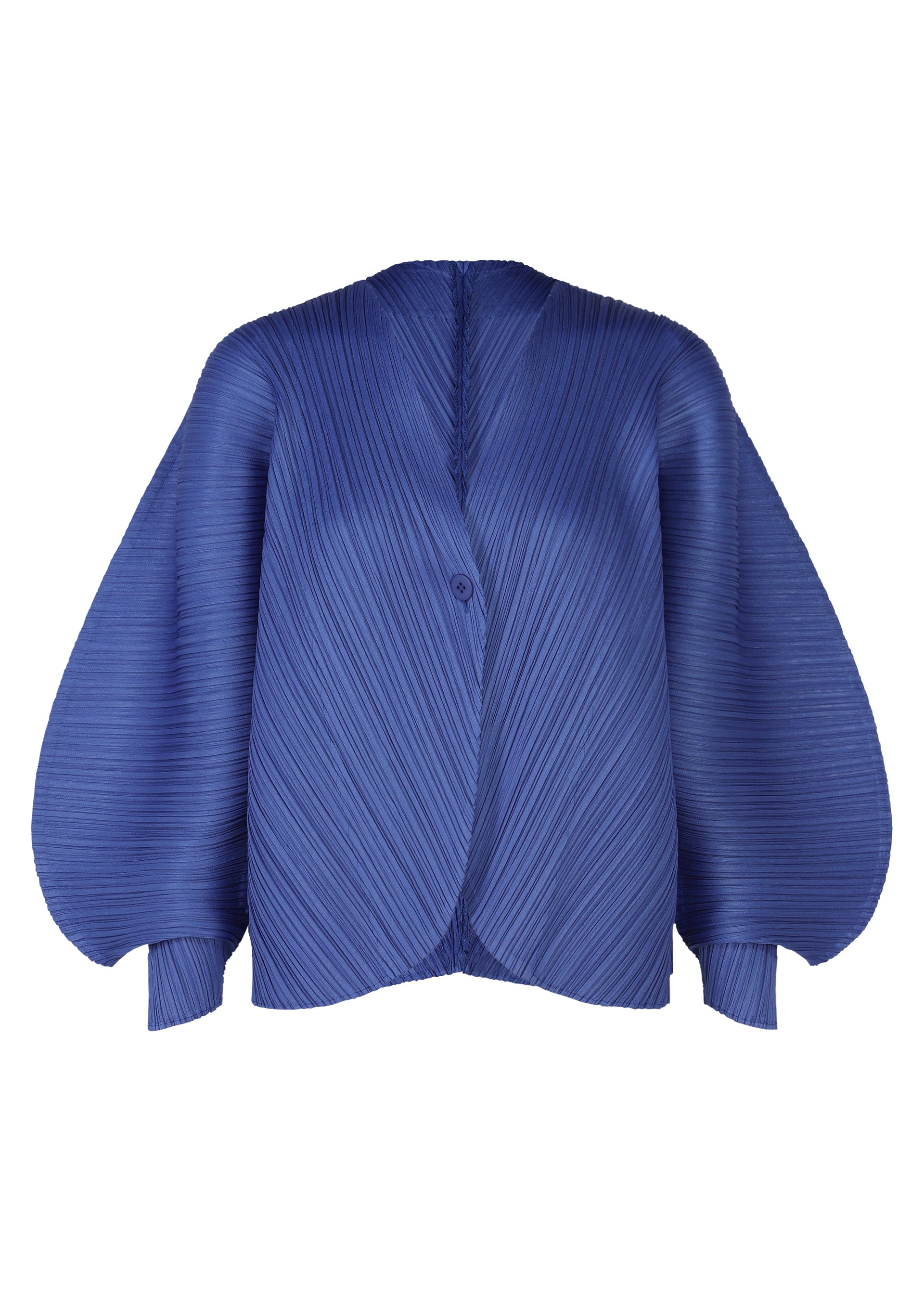 Zoomed view The COAST jacket by PLEATS PLEASE ISSEY MIYAKE features blue pleats, voluminous rounded sleeves, a V-neckline, subtle wave patterns, diagonal textures, and a single front button for an airy silhouette. - BLUE （no.72）