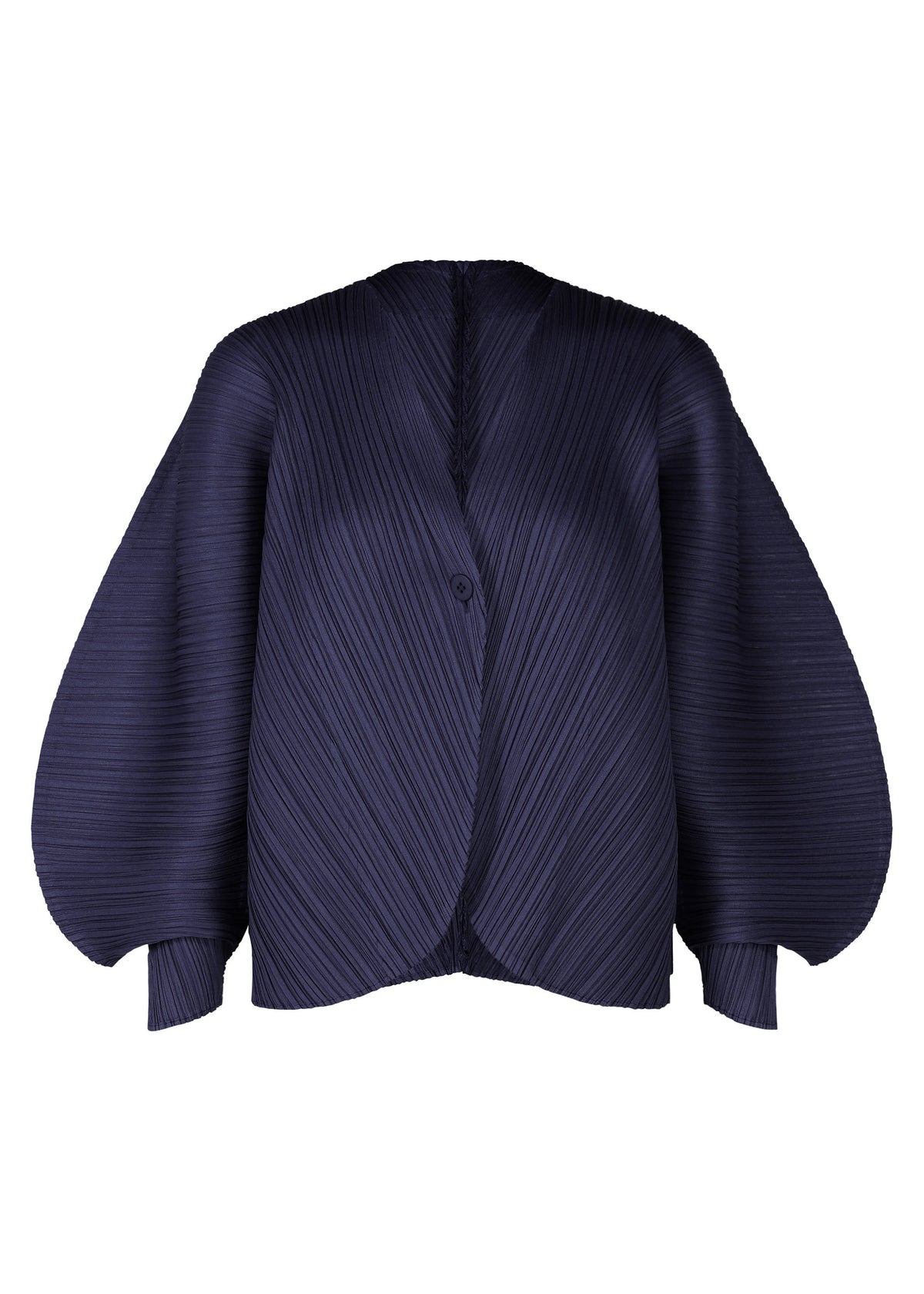 The COAST jacket by PLEATS PLEASE ISSEY MIYAKE is dark blue and pleated, featuring voluminous rounded sleeves, a single front button closure, sculptural textured wave patterns, and an airy silhouette. view 3 of 7