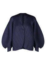 The COAST jacket by PLEATS PLEASE ISSEY MIYAKE is dark blue and pleated, featuring voluminous rounded sleeves, a single front button closure, sculptural textured wave patterns, and an airy silhouette. - NAVY （no.75）