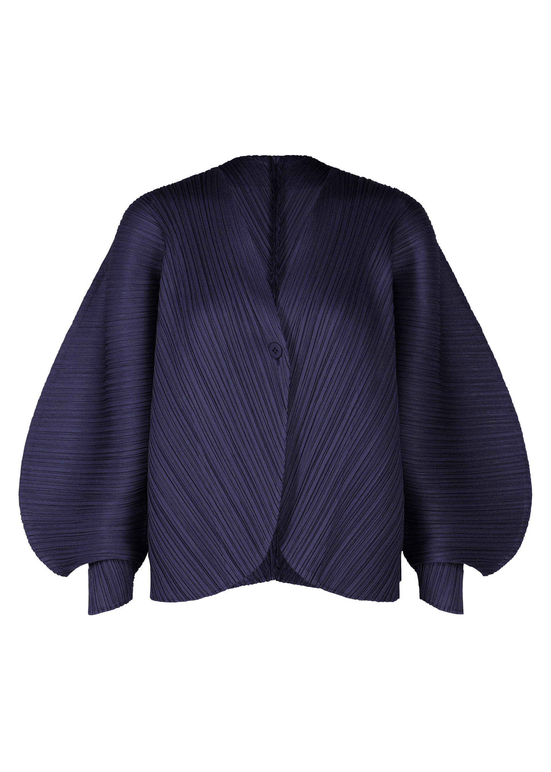 Zoomed view The COAST jacket by PLEATS PLEASE ISSEY MIYAKE is dark blue and pleated, featuring voluminous rounded sleeves, a single front button closure, sculptural textured wave patterns, and an airy silhouette. - NAVY （no.75）