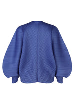 The COAST cardigan by PLEATS PLEASE ISSEY MIYAKE features blue pleated textured fabric, long wide voluminous sleeves, button closure, and an airy silhouette, shown from the back.