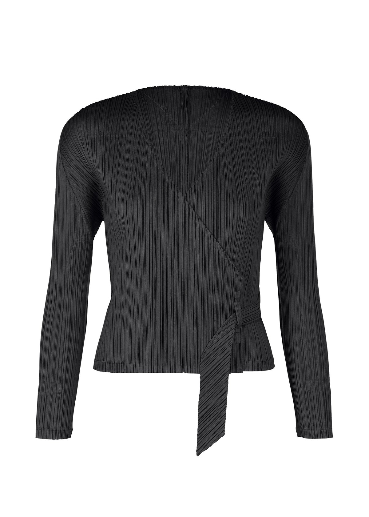 The FACADE blouse by PLEATS PLEASE ISSEY MIYAKE features black pleated fabric, a V-neckline, asymmetrical wrap design, side tie detail, and an adjustable fit for comfort. view 2 of 9