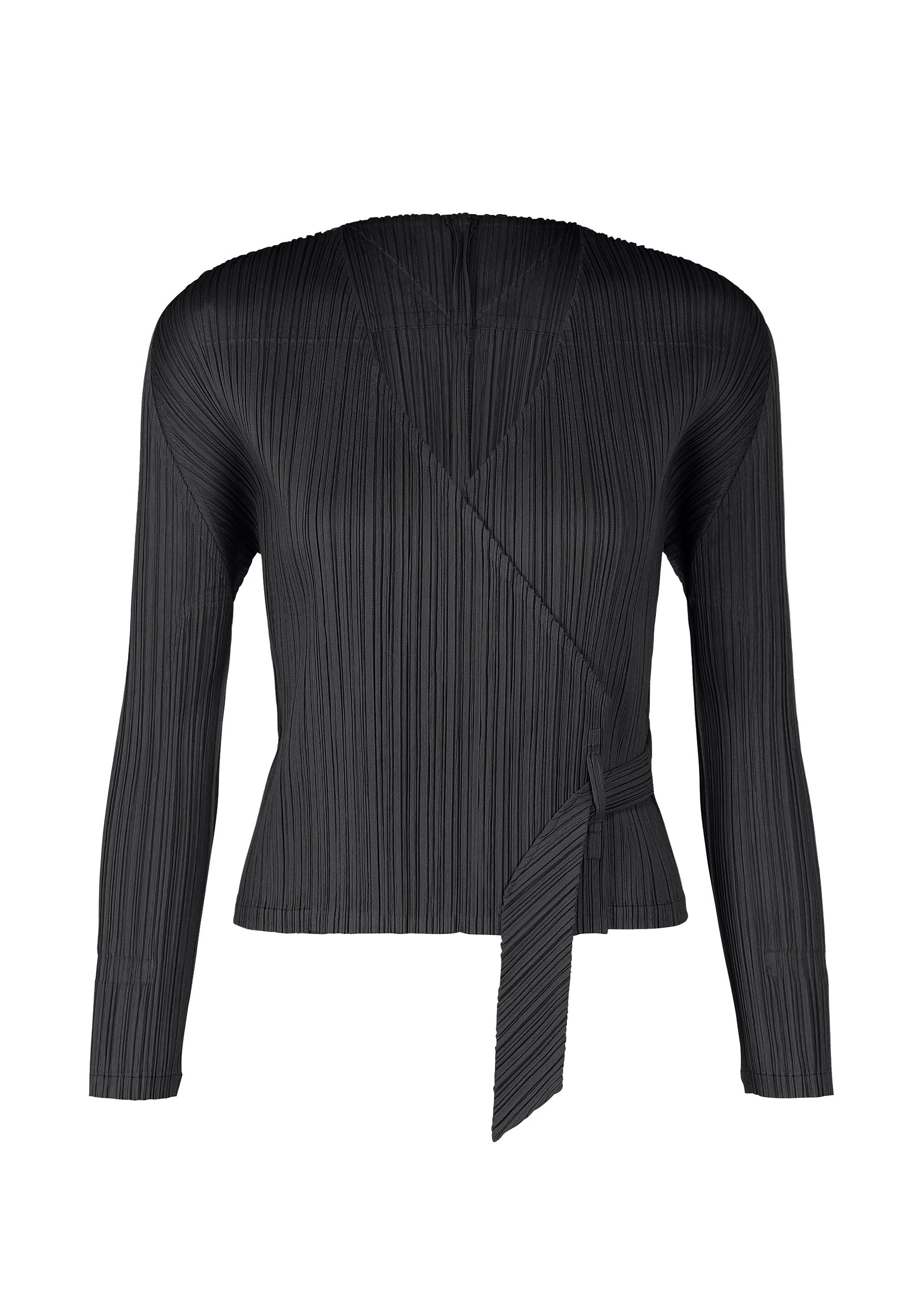 Zoomed view The FACADE blouse by PLEATS PLEASE ISSEY MIYAKE features black pleated fabric, a V-neckline, asymmetrical wrap design, side tie detail, and an adjustable fit for comfort. - BLACK （no.15）