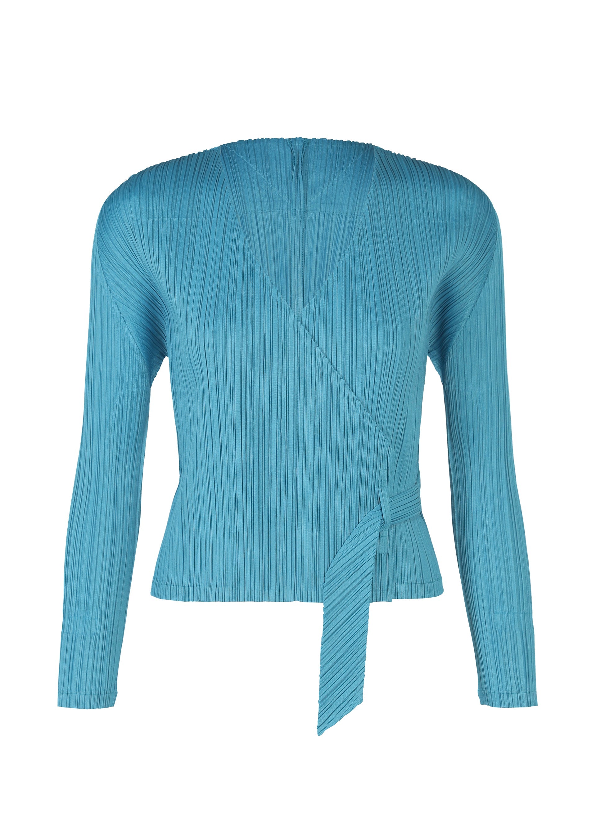 Zoomed view The FACADE top by PLEATS PLEASE ISSEY MIYAKE is a teal blue, long-sleeve piece with pleated texture, a V-neckline, asymmetrical wrap front, and an adjustable side tie detail. - SAXE BLUE （no.77）