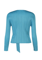 The FACADE blouse from PLEATS PLEASE ISSEY MIYAKE features long sleeves, light blue vertical pleats, a fitted waist, an asymmetrical pointed back hem, and subtle cord accents for textured detail.