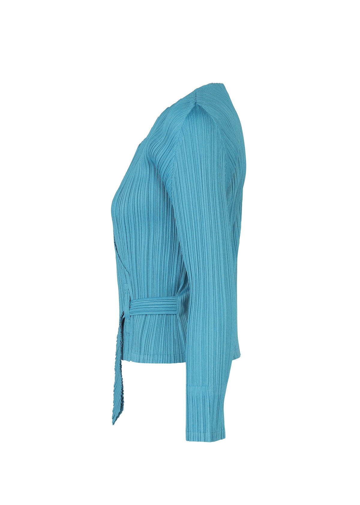 Side view of the FACADE light blue, long-sleeve ribbed cardigan blouse by PLEATS PLEASE ISSEY MIYAKE, featuring an adjustable matching waist belt, displayed on a white background. view 5 of 9