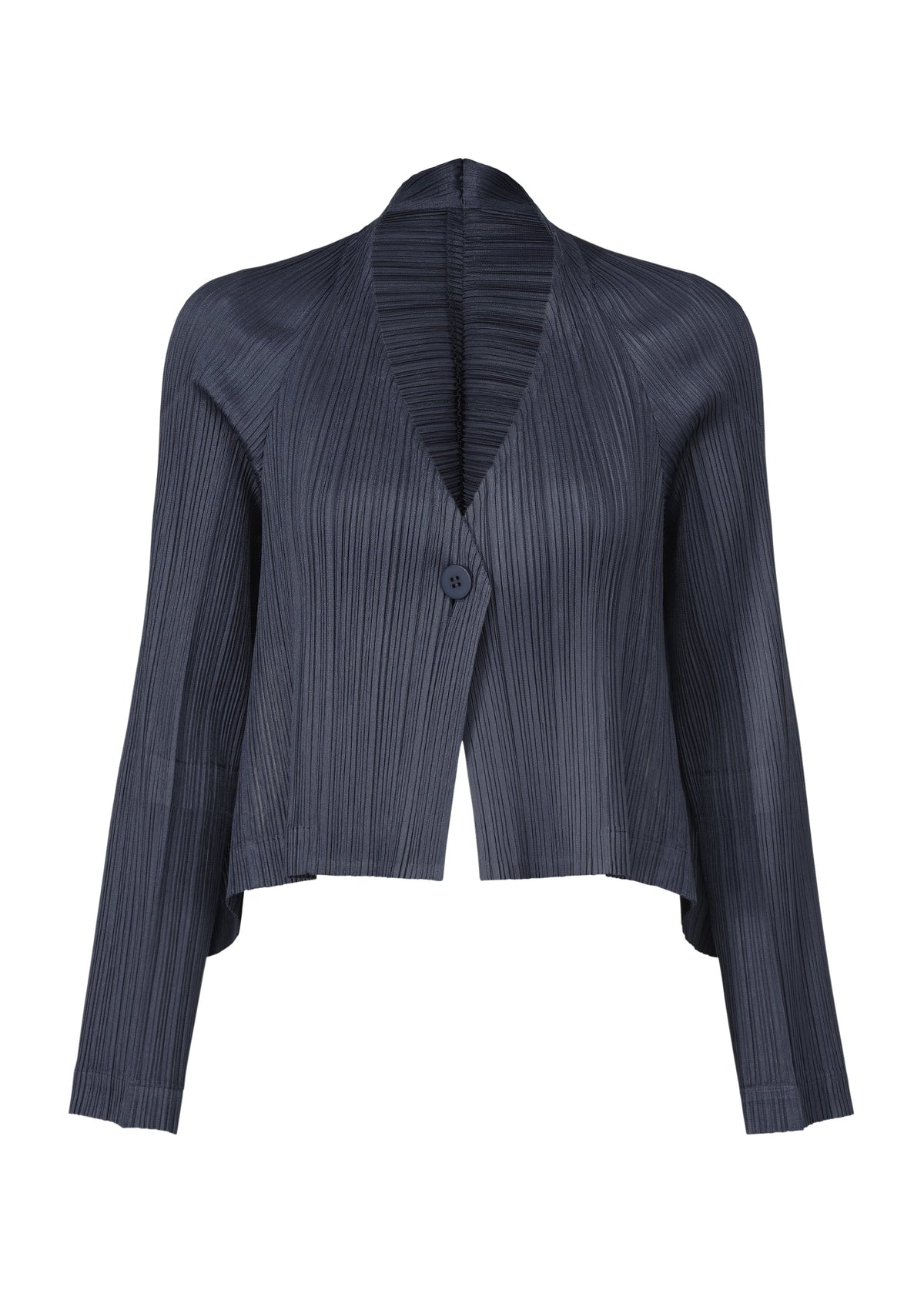 The CITY FRAME cardigan by PLEATS PLEASE ISSEY MIYAKE is a dark grey, long-sleeve piece with pleats, a single button closure, open V-neckline, cropped asymmetrical hem, ribbed texture, and a voluminous silhouette. view 2 of 8