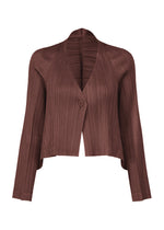 The CITY FRAME cardigan by PLEATS PLEASE ISSEY MIYAKE is a brown, long-sleeved pleated piece with a single front button, open-front design, voluminous silhouette, asymmetrical cropped hem, and a subtly lustrous fabric. - BORDEAUX （no.84）