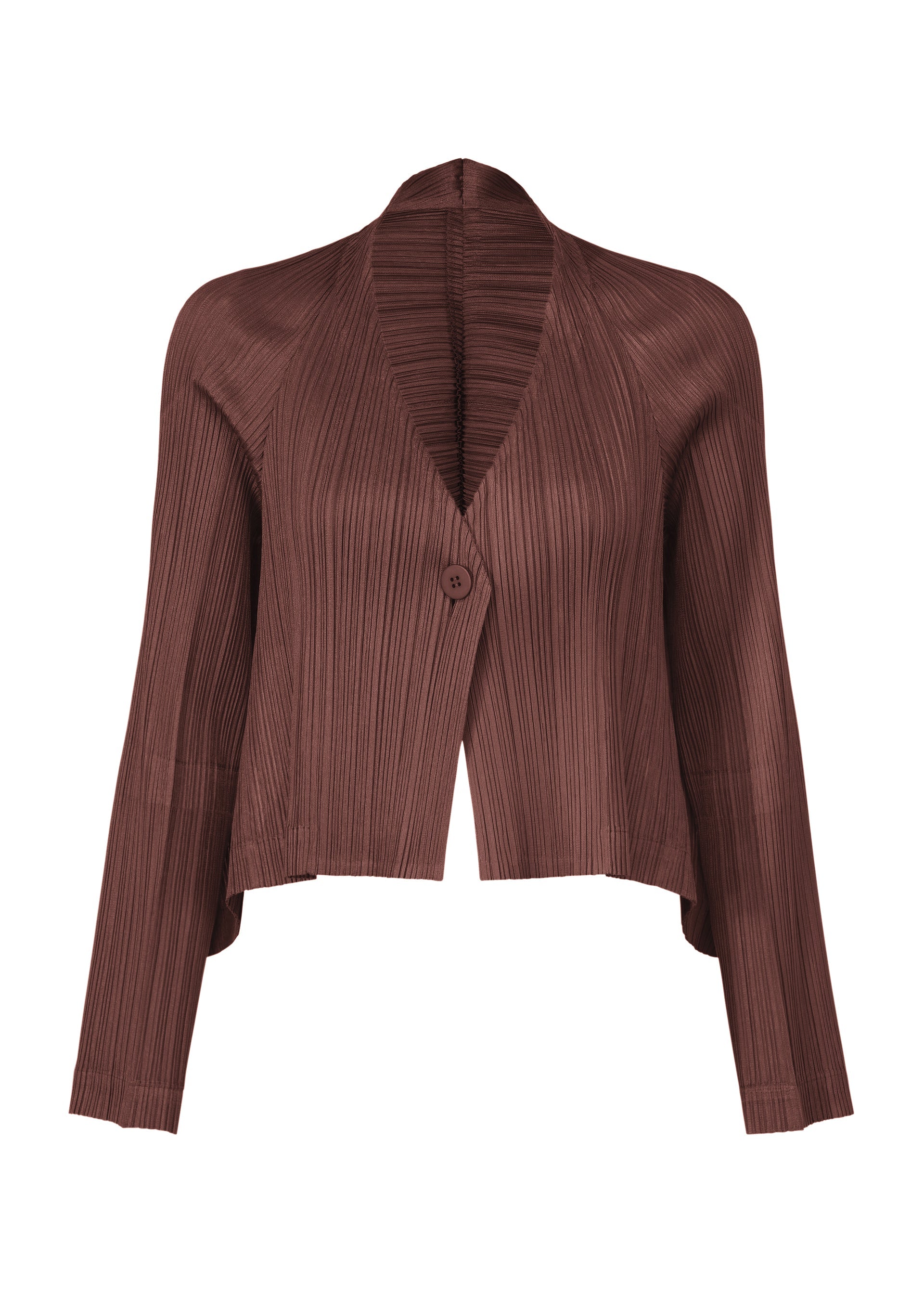 Zoomed view The CITY FRAME cardigan by PLEATS PLEASE ISSEY MIYAKE is a brown, long-sleeved pleated piece with a single front button, open-front design, voluminous silhouette, asymmetrical cropped hem, and a subtly lustrous fabric. - BORDEAUX （no.84）