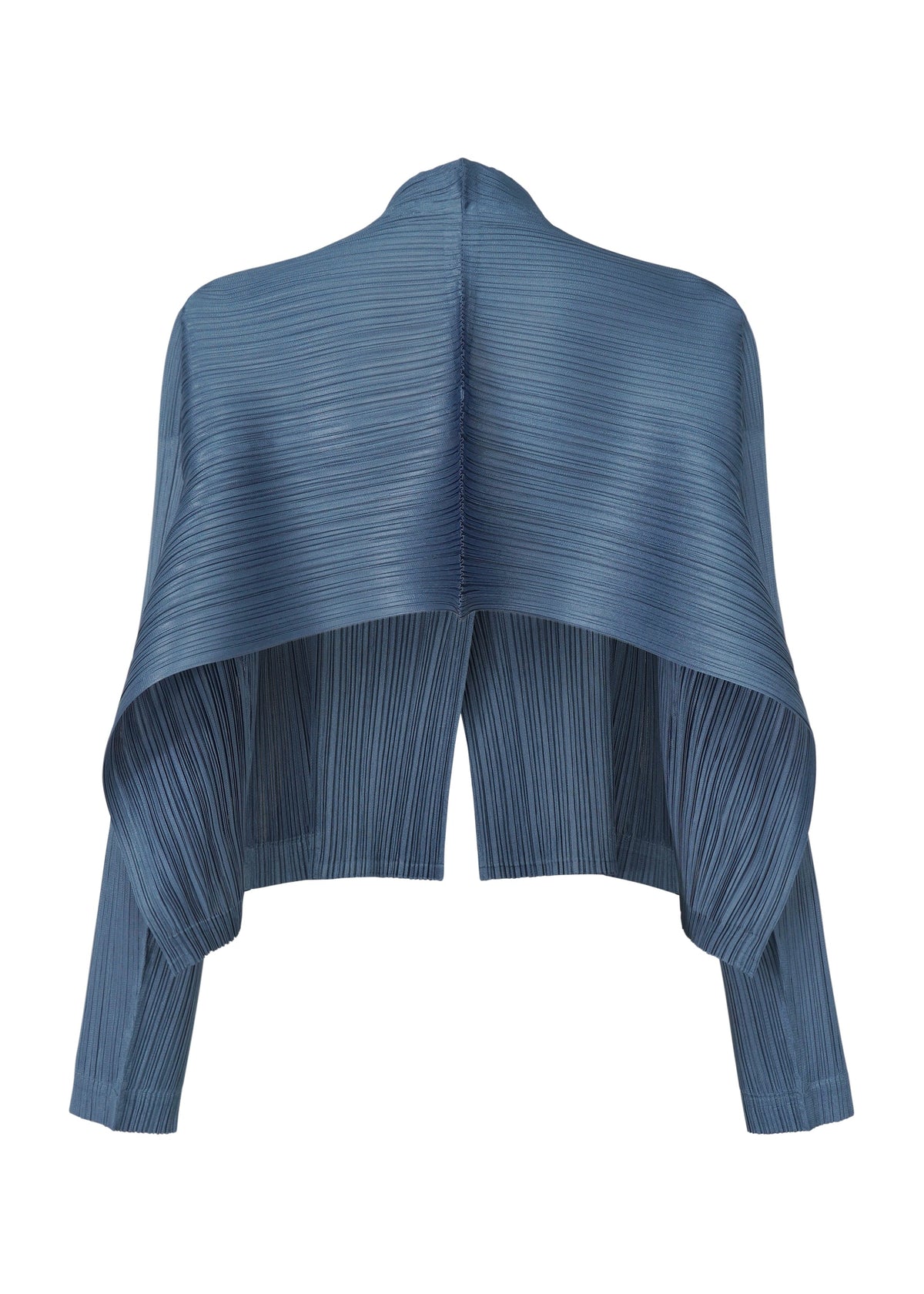 The CITY FRAME cropped jacket by PLEATS PLEASE ISSEY MIYAKE features blue pleated fabric, long sleeves, a high neckline, and an open front with a draped overlay for a voluminous silhouette. view 4 of 8