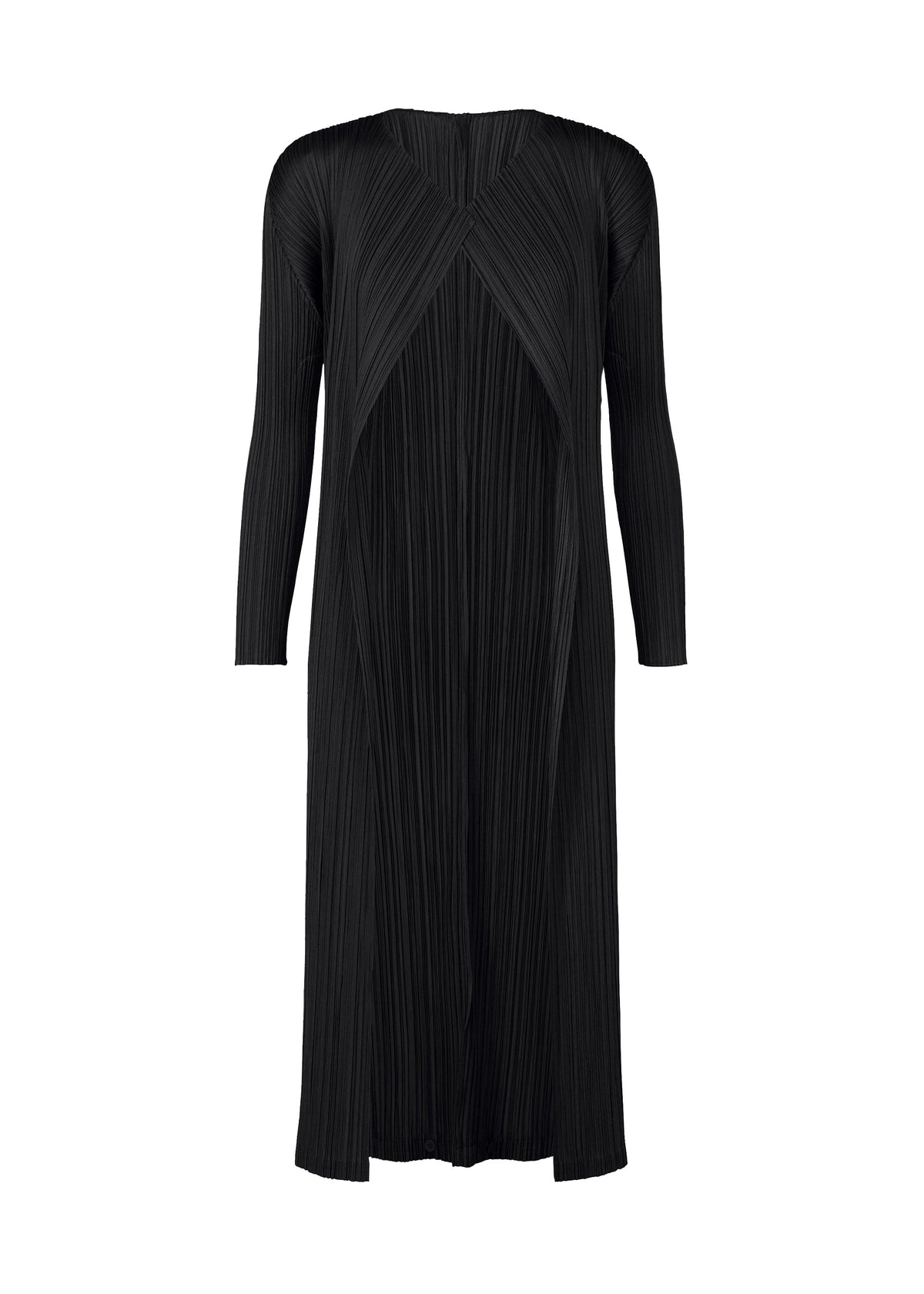 The SWING SOLID dress by PLEATS PLEASE ISSEY MIYAKE is a long black, pleated piece with long sleeves and a V-overlap front. Its wide slit and relaxed fit offer versatile style, ideal for layering with your favorite cardigan. view 1 of 5