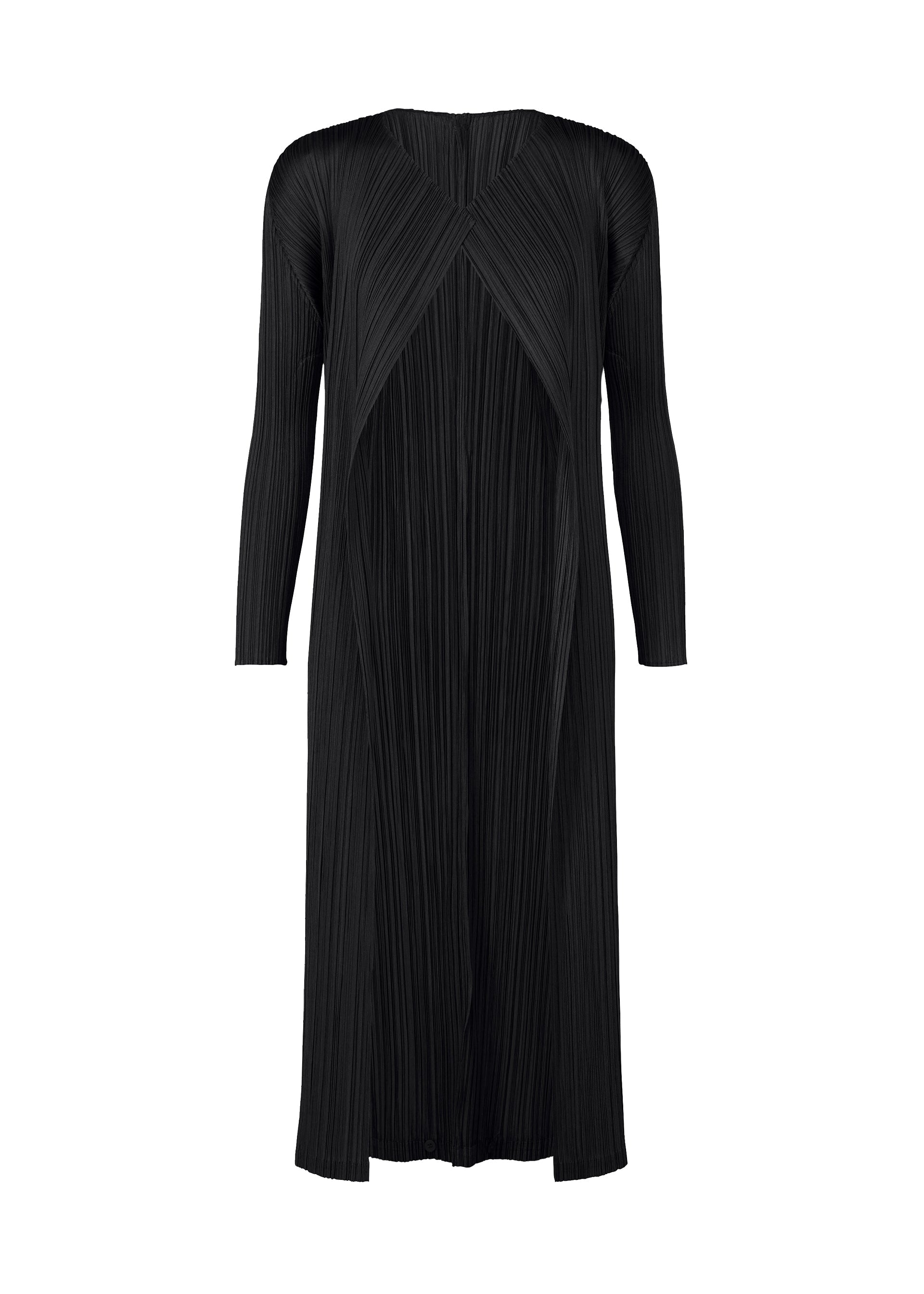 Zoomed view The SWING SOLID dress by PLEATS PLEASE ISSEY MIYAKE is a long black, pleated piece with long sleeves and a V-overlap front. Its wide slit and relaxed fit offer versatile style, ideal for layering with your favorite cardigan. - BLACK （no.15）