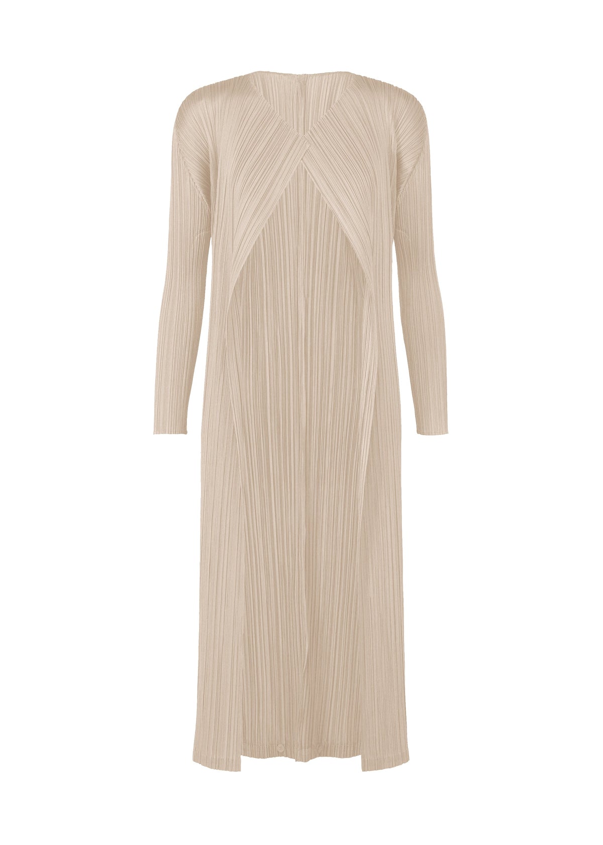 The SWING SOLID dress by PLEATS PLEASE ISSEY MIYAKE is a long, beige, pleated piece with long sleeves, a V-neckline, textured vertical and diagonal lines, and a wide slit for versatile styling. view 2 of 5